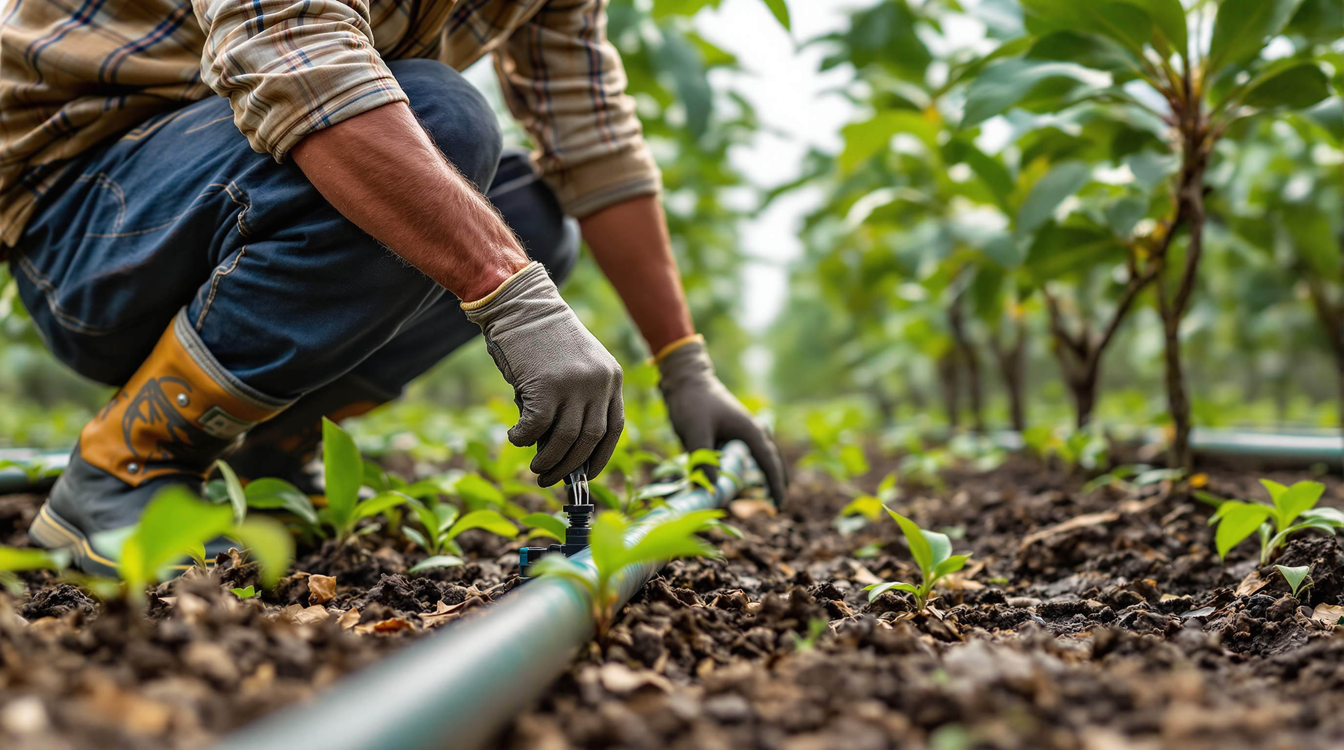 Indian farm worker in gloves and boots inspecting black drip irrigation lines running along the root zone of young fruit trees