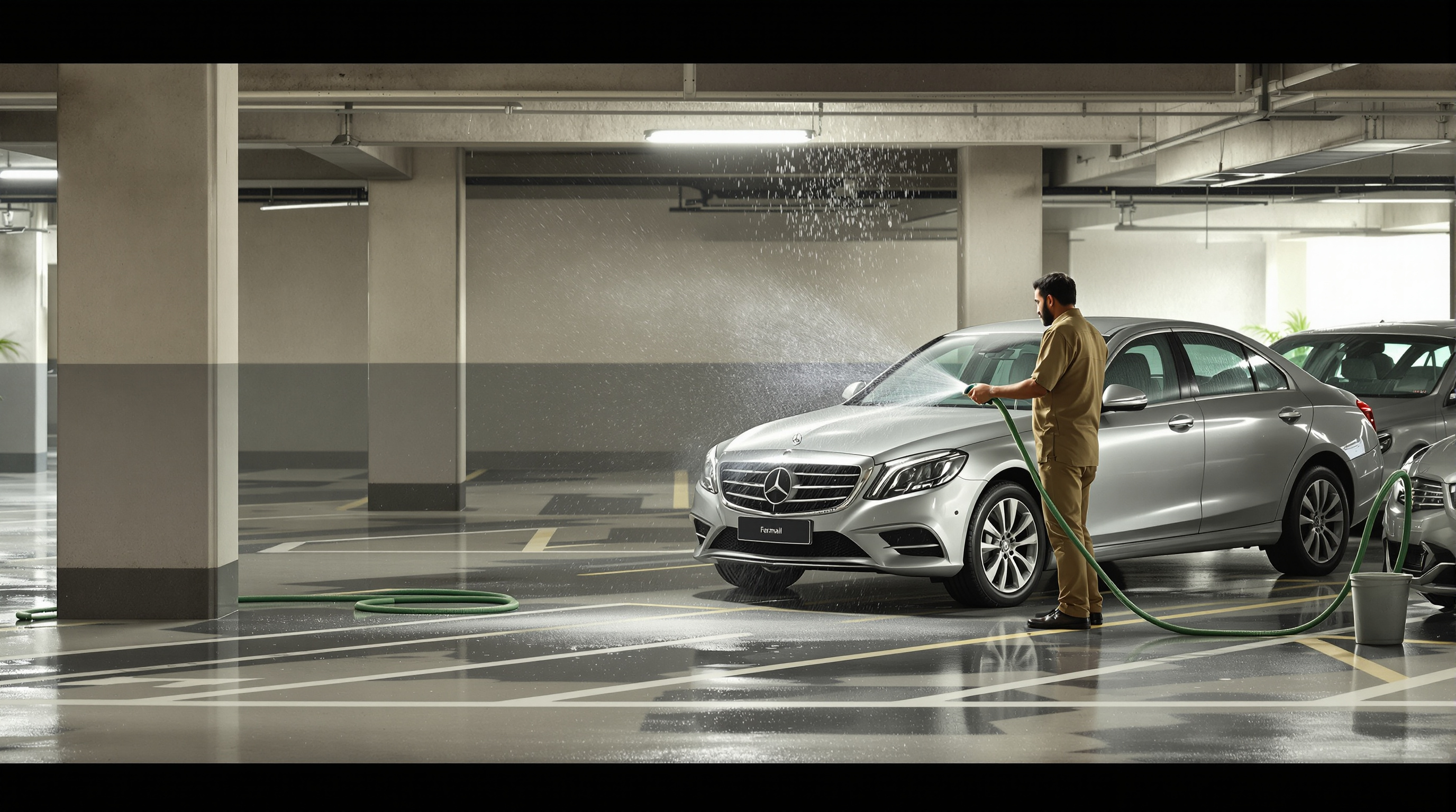 Indian worker rinsing a car with a hose in a clean apartment basement parking area using recycled water