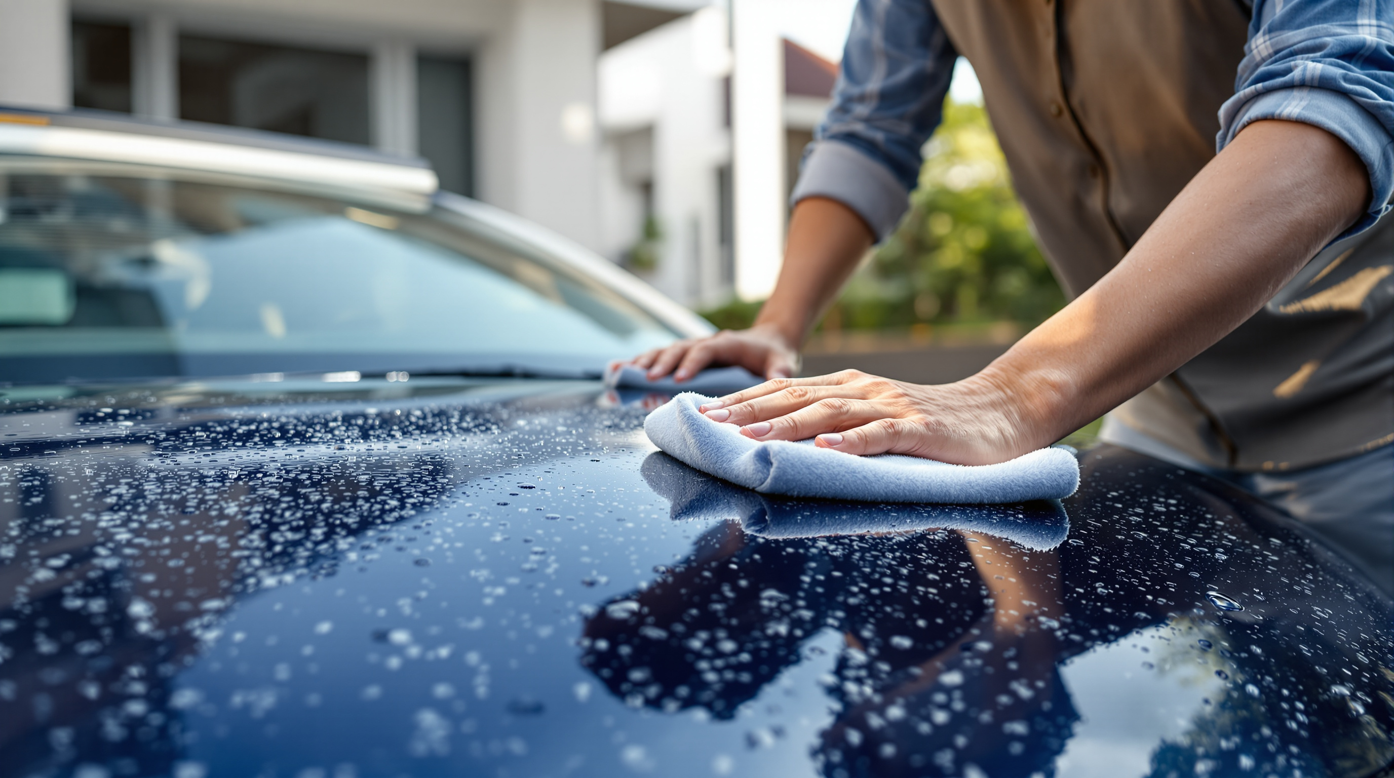 Indian person wiping a dark car bonnet dry with a microfibre cloth in the shade to prevent water spots