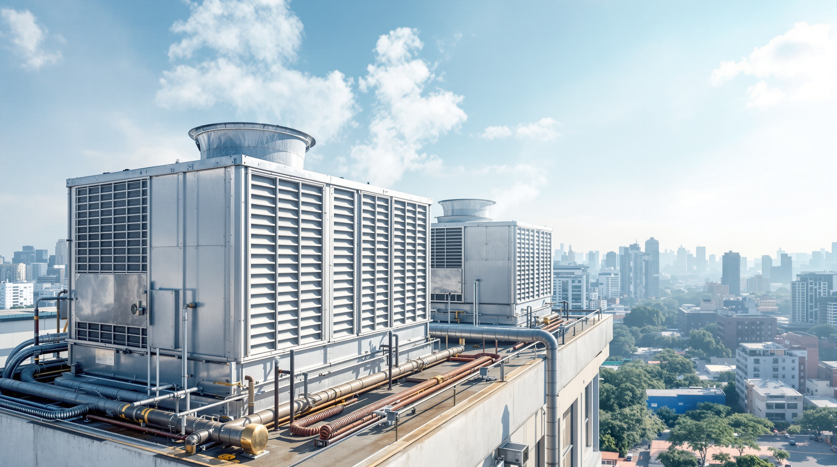 Rooftop induced-draft cooling towers with spinning fans on a large Indian commercial building, water droplets and mist rising above the fill