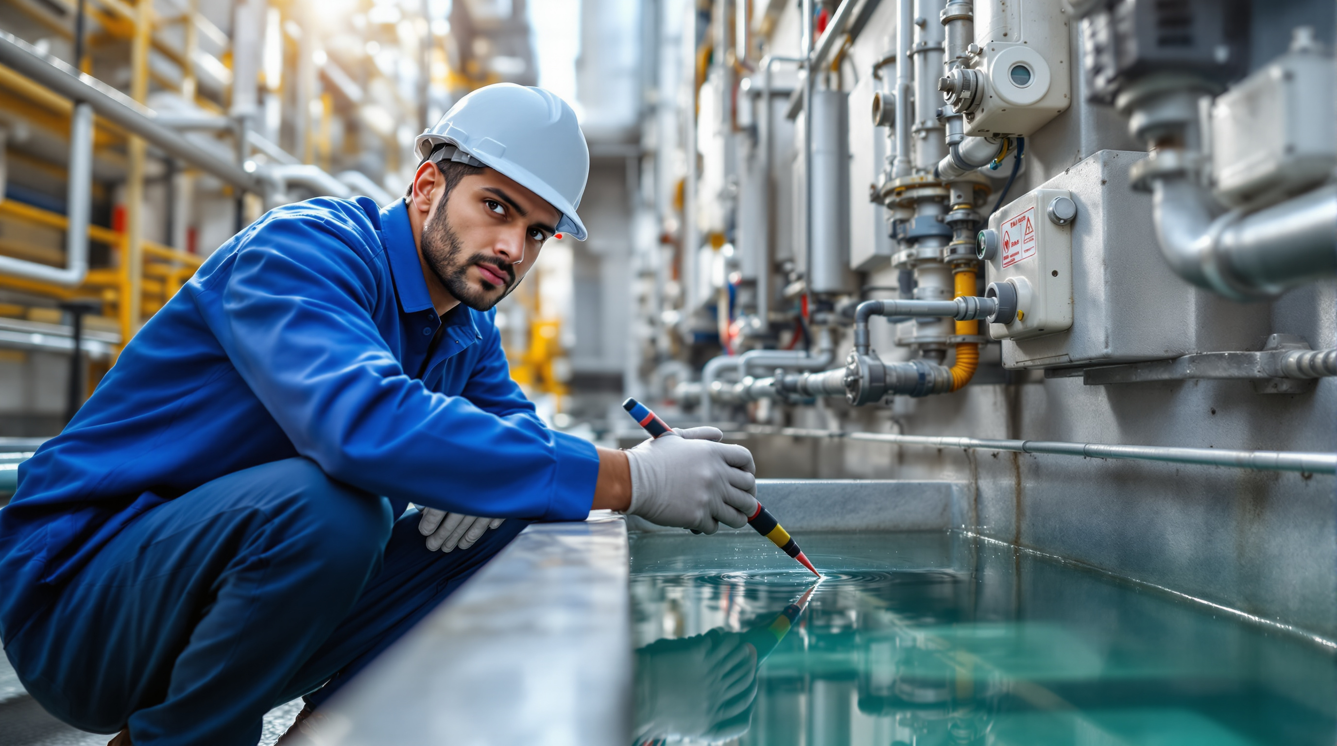 Indian plant technician testing recirculating cooling water quality with a handheld meter beside the cooling-tower basin and dosing equipment