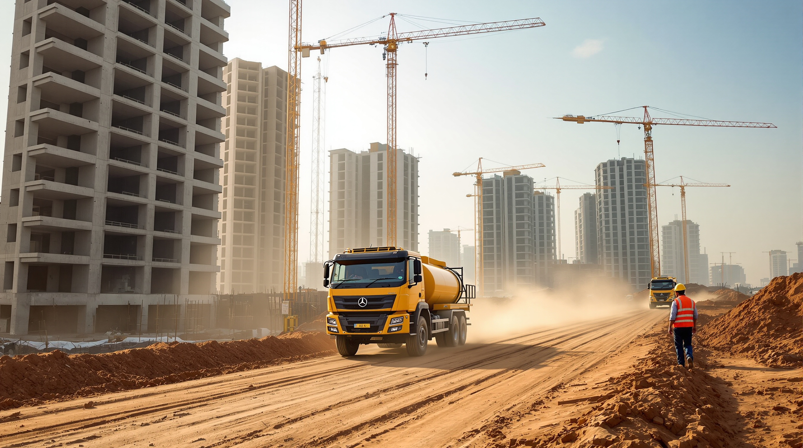 A water bowser truck spraying a fine mist over a compacted earth haul road on a large Indian construction site to suppress dust