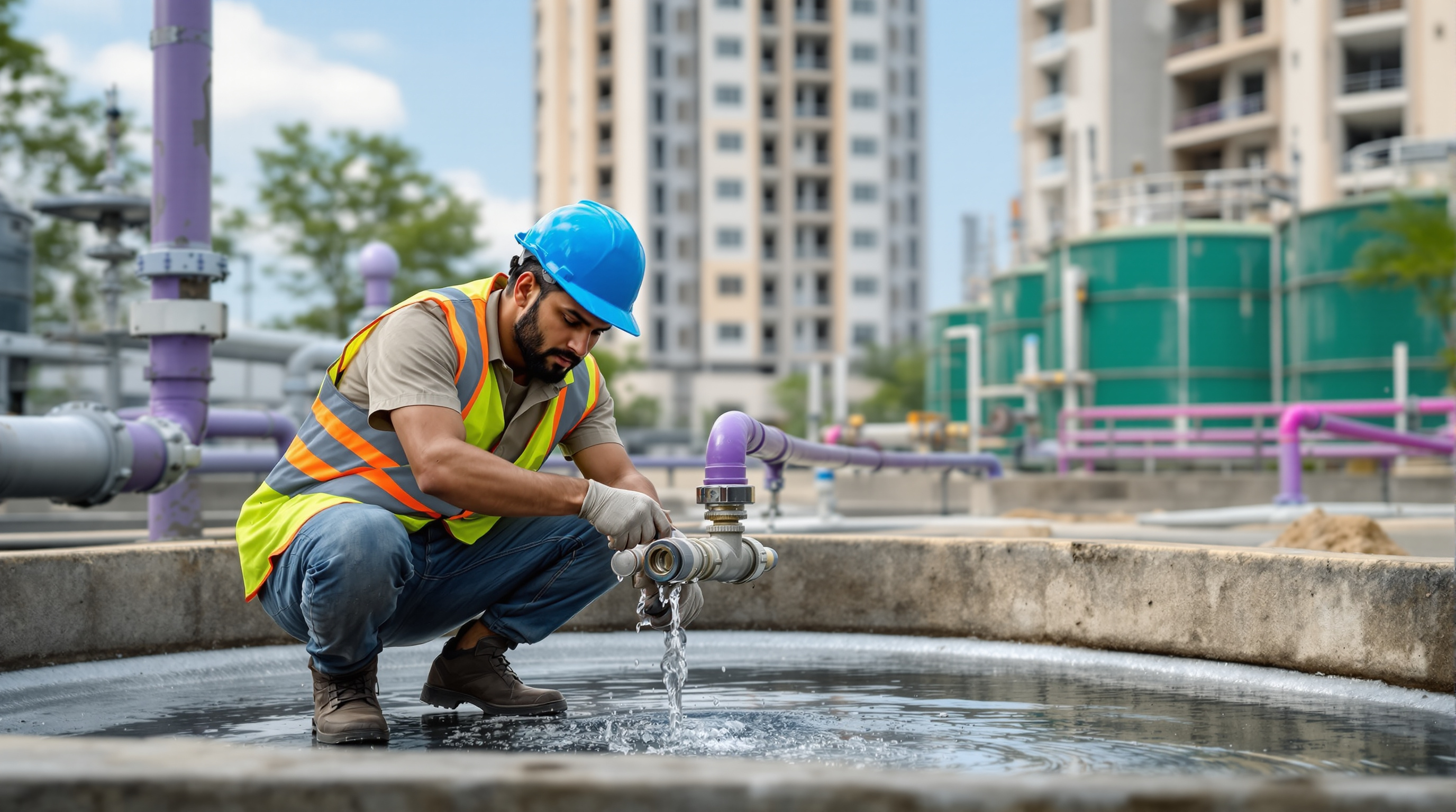An Indian construction worker filling a hose from a colour-coded non-potable treated-water line at an on-site STP treated-water tank