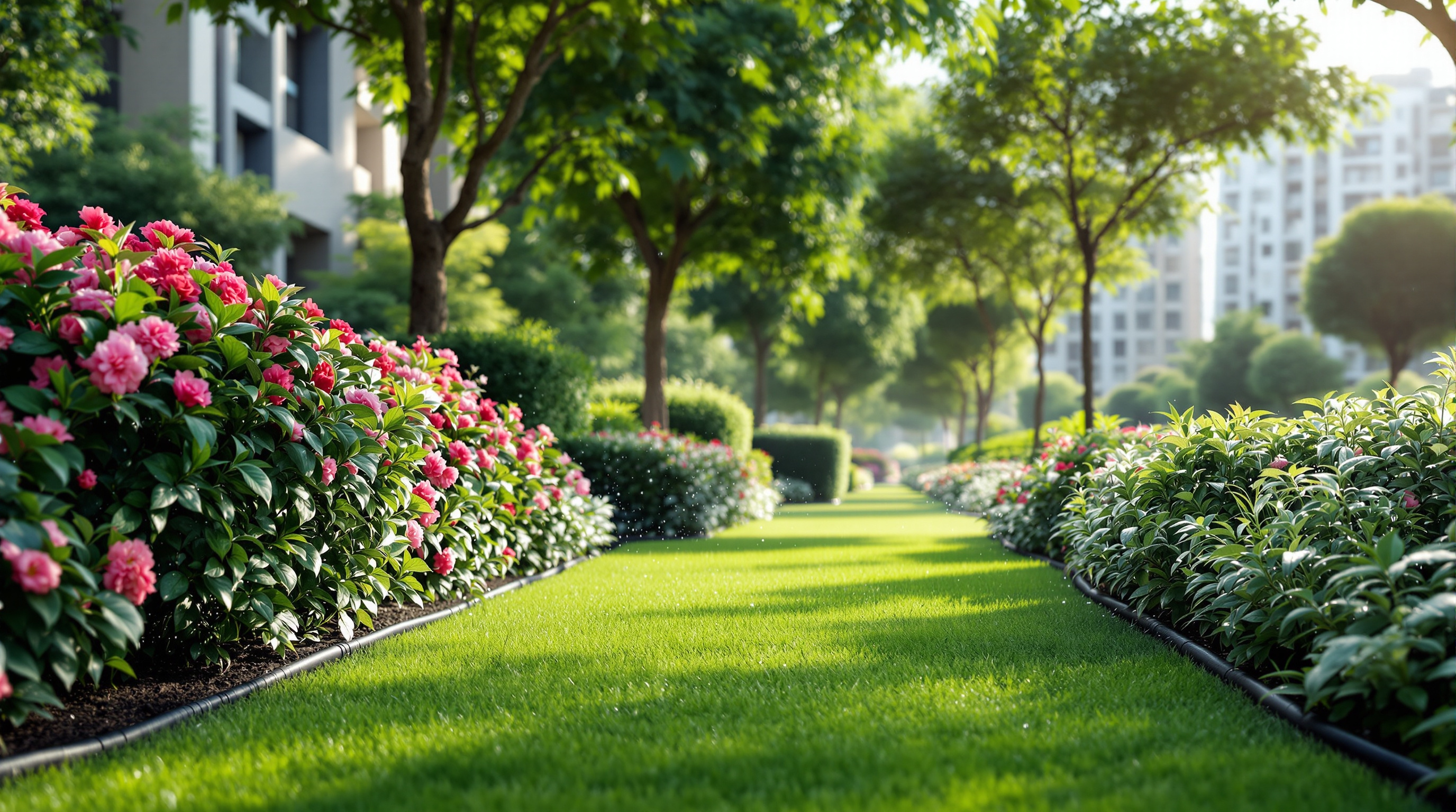 A lush, well-kept apartment-complex garden with flowering shrubs and green lawn irrigated by low drip lines near the soil