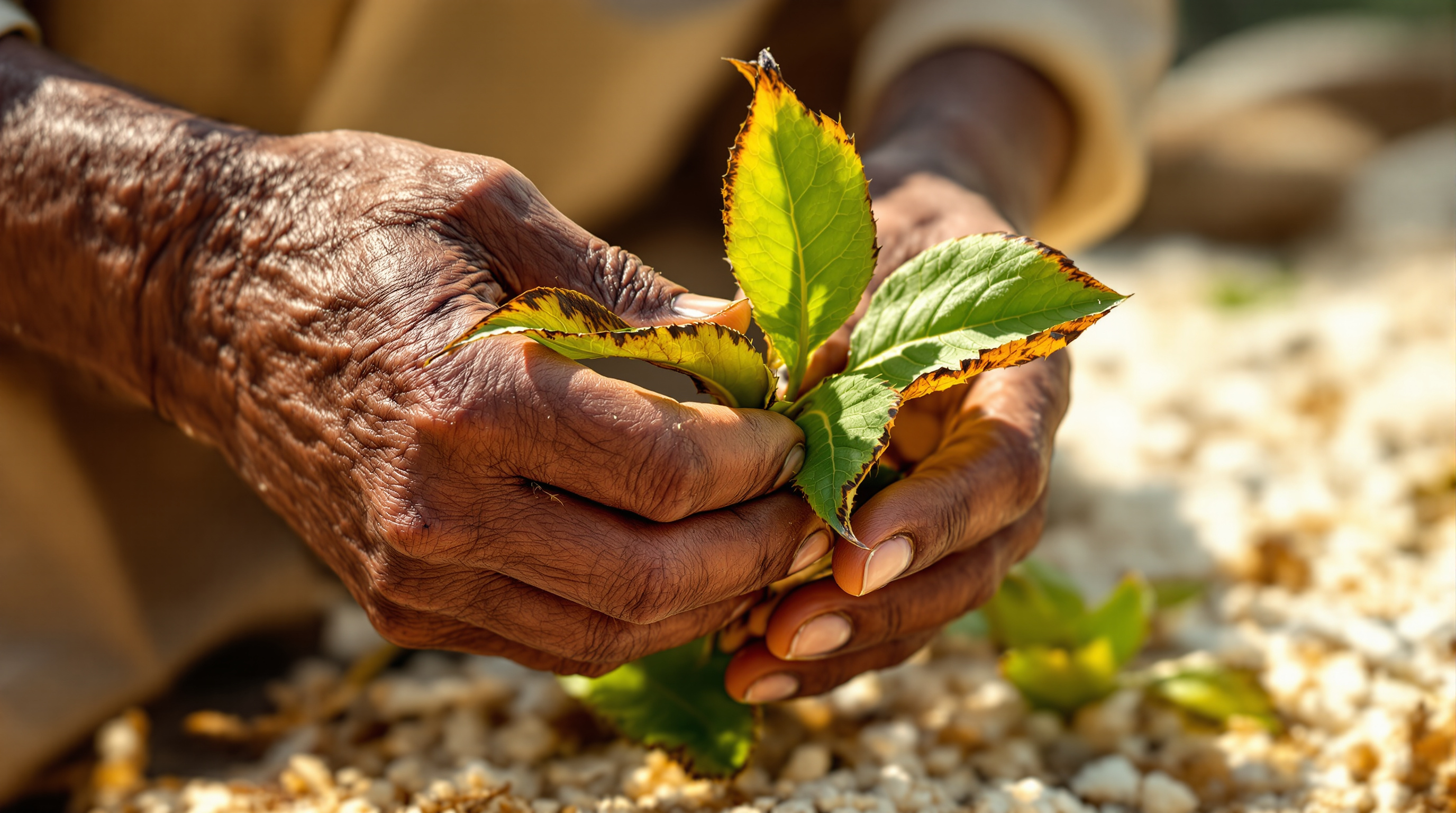 Close-up of an Indian gardener's hands examining a plant leaf showing brown, scorched leaf-tip damage in a garden bed