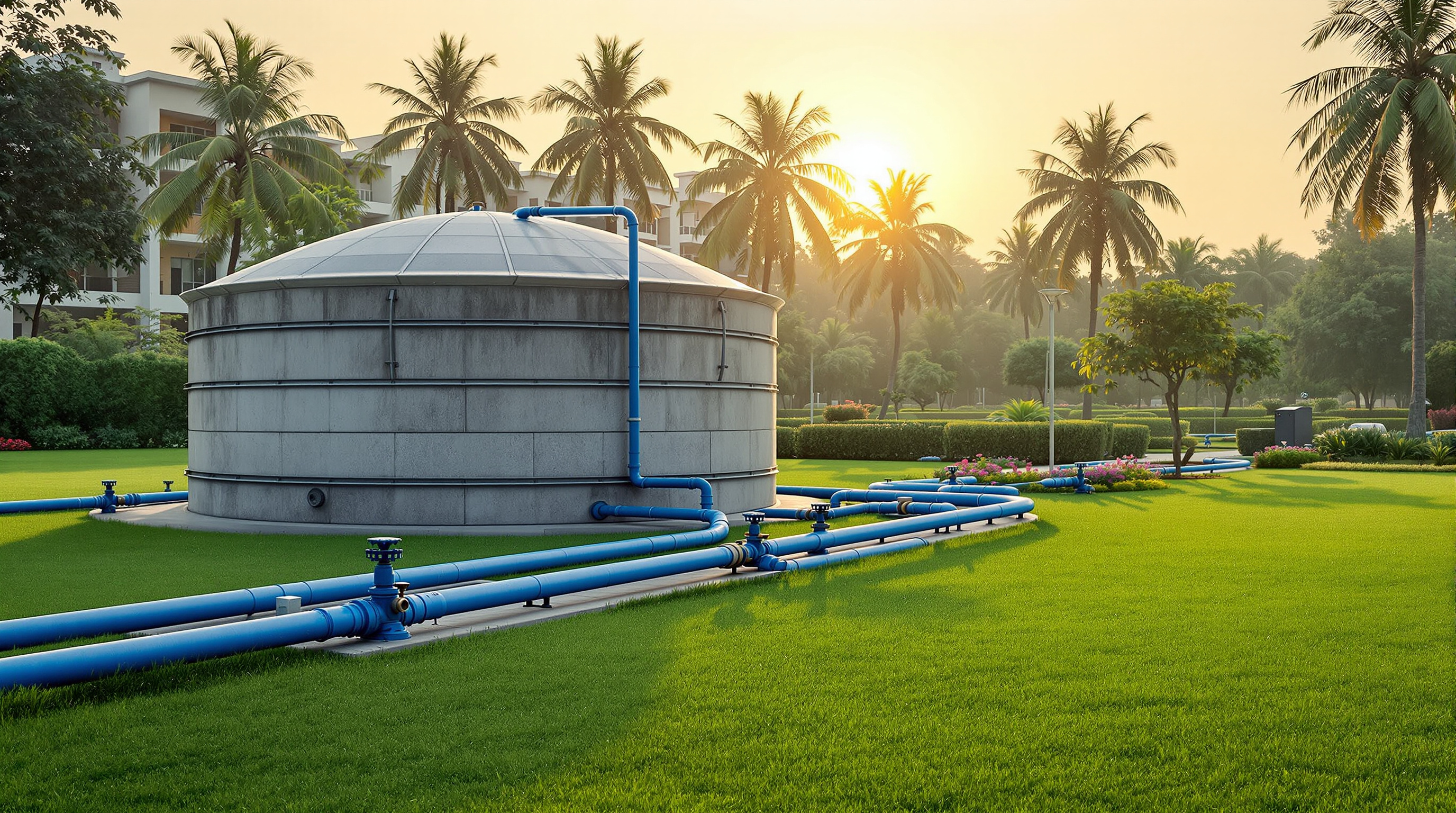 A covered treated-water storage tank beside a landscaped campus lawn at dawn, with irrigation pipework running to the garden
