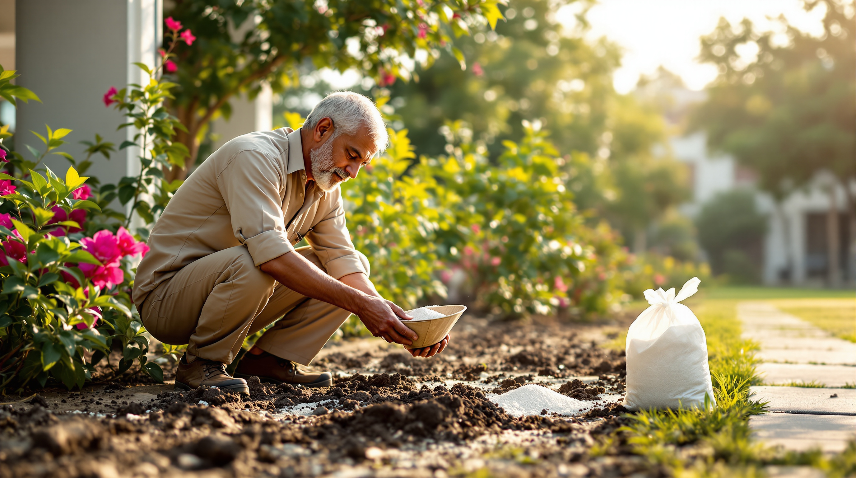 An Indian gardener kneeling to test and amend garden soil beside salt-tolerant bougainvillea and oleander shrubs under drip irrigation