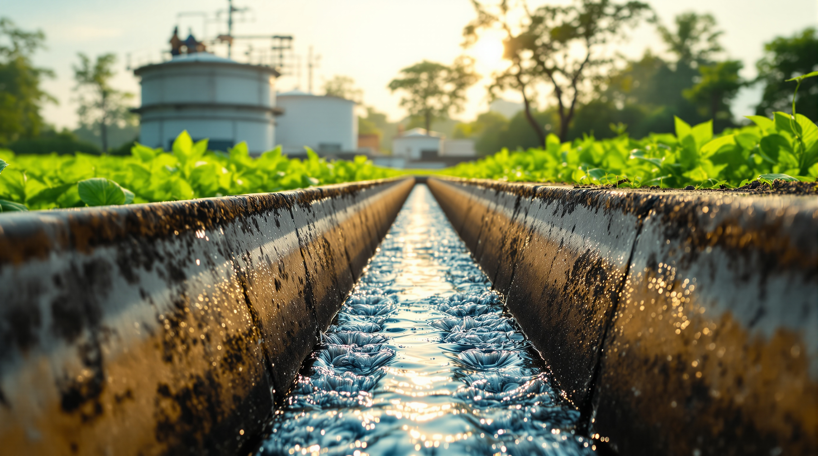 Clear treated water flowing from a sewage treatment plant outlet channel into a lined irrigation drain beside green farmland