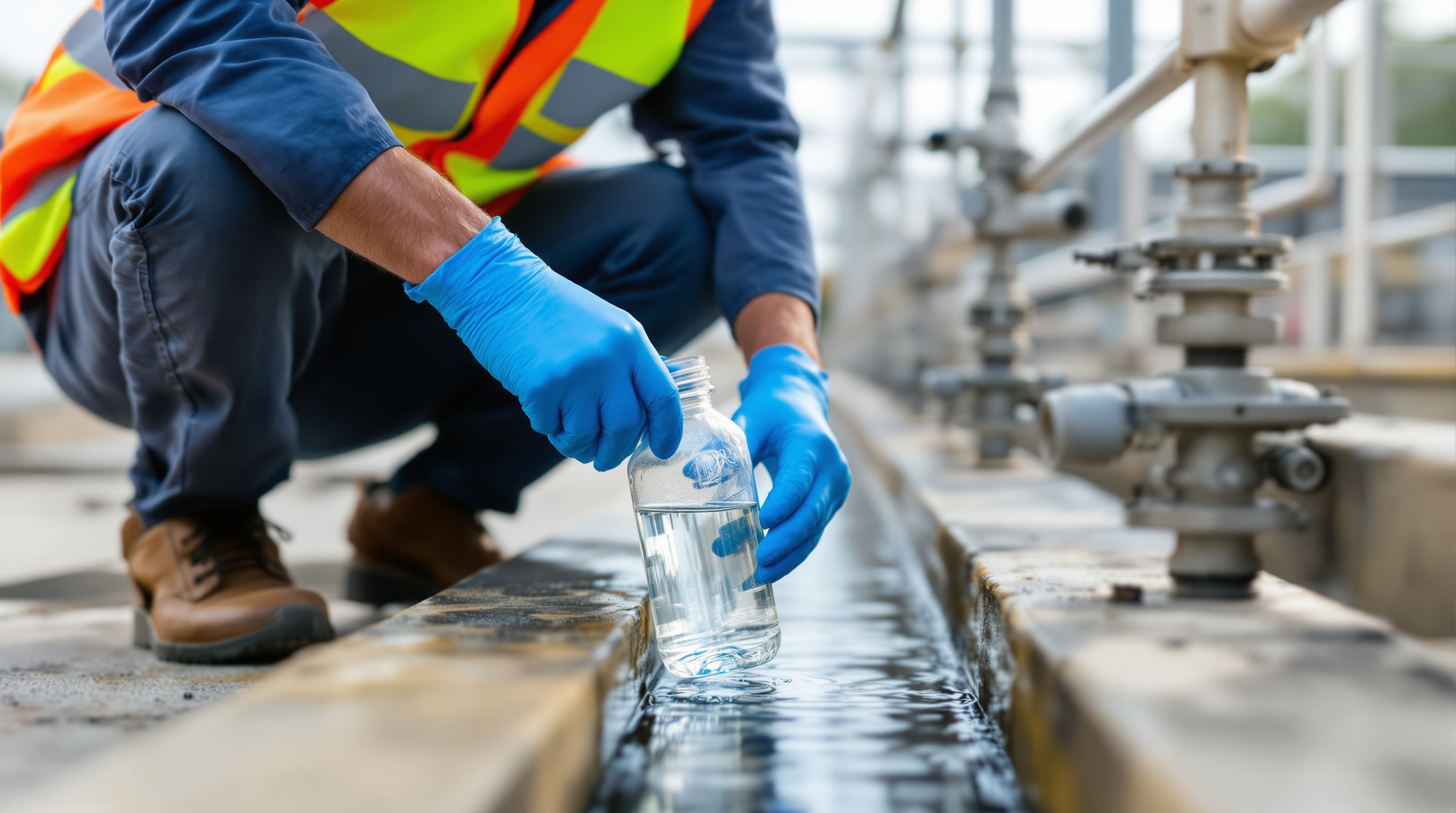 Indian technician in gloves collecting a treated water sample in a glass bottle at an STP outlet beside online monitoring sensors