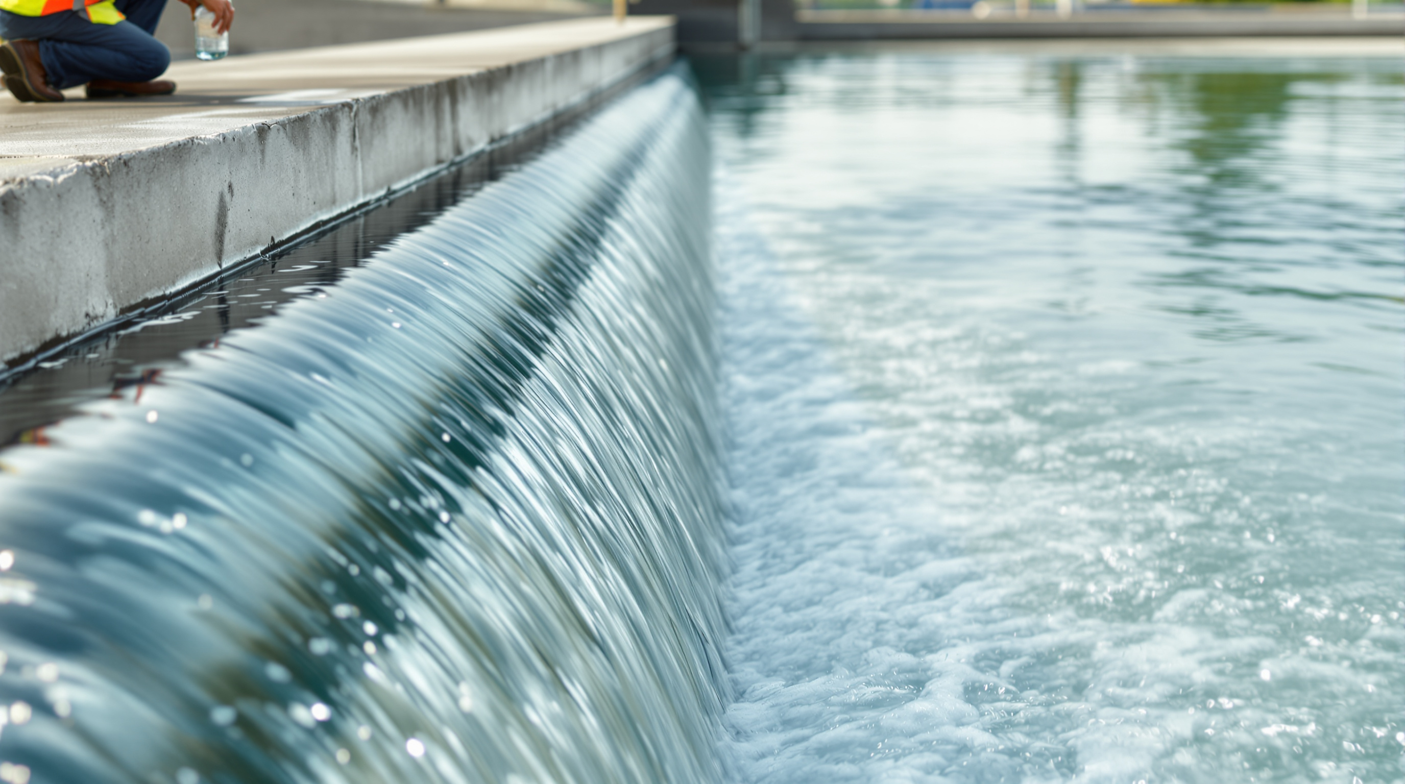 Clear treated effluent flowing from the final outlet channel of a sewage treatment plant into a sampling weir