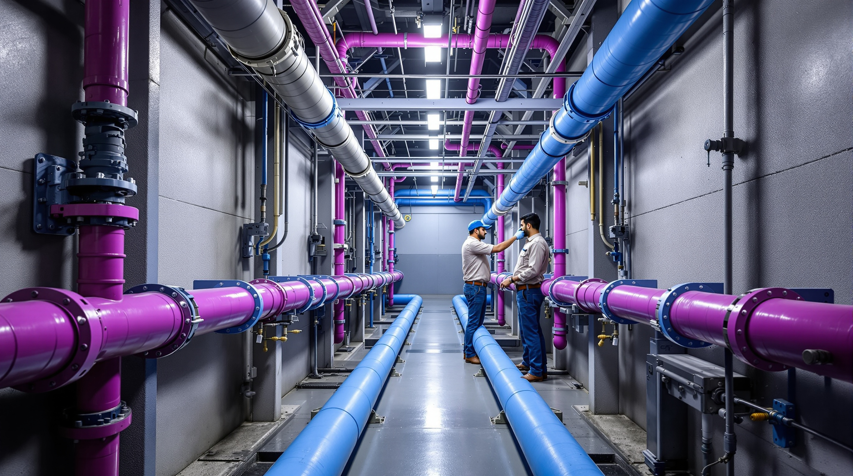 Colour-coded dual-plumbing pipes for treated non-potable water running alongside potable lines in an apartment services shaft
