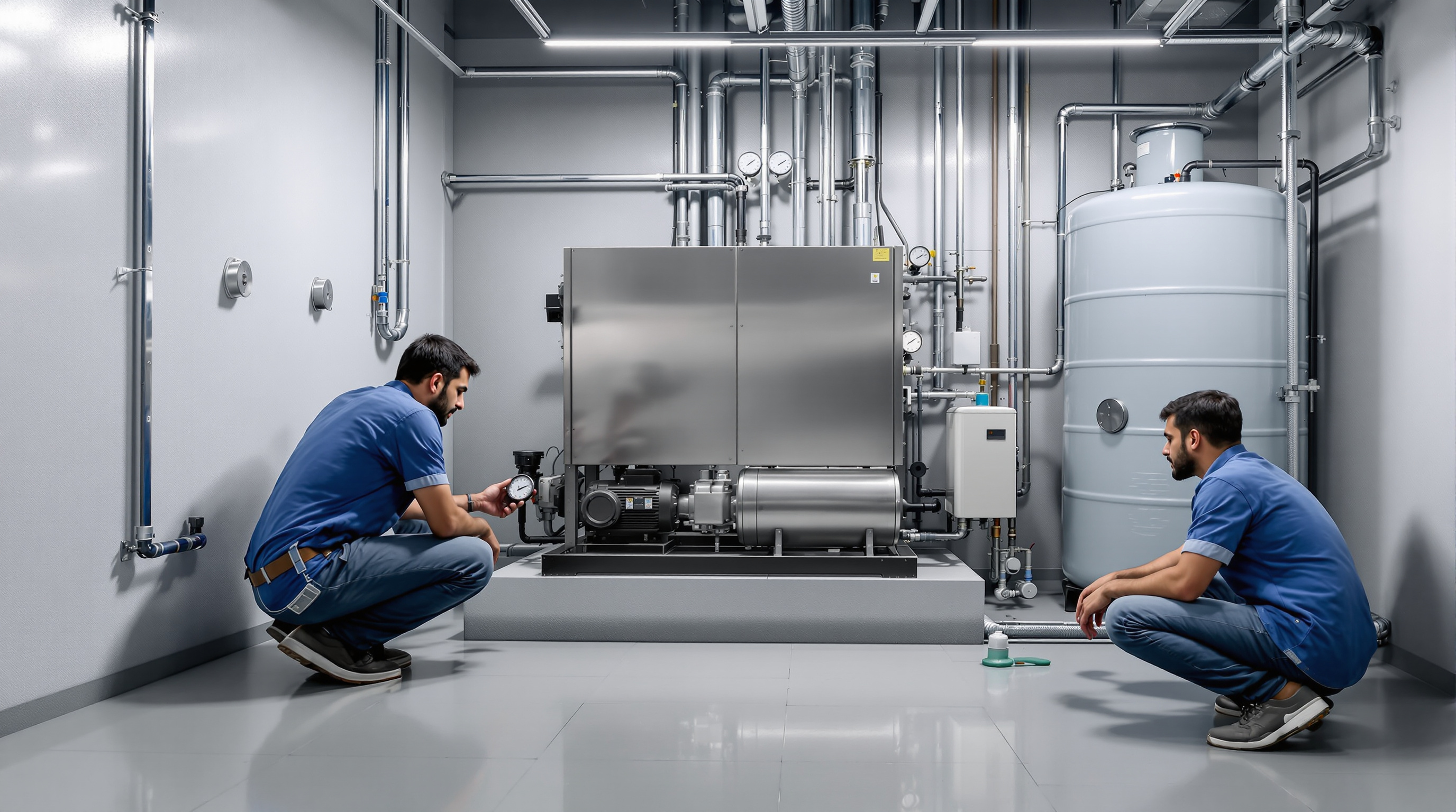 A dedicated treated-water flush pump set and storage tank in the basement plant room of an Indian apartment building, with an operator checking the gauges