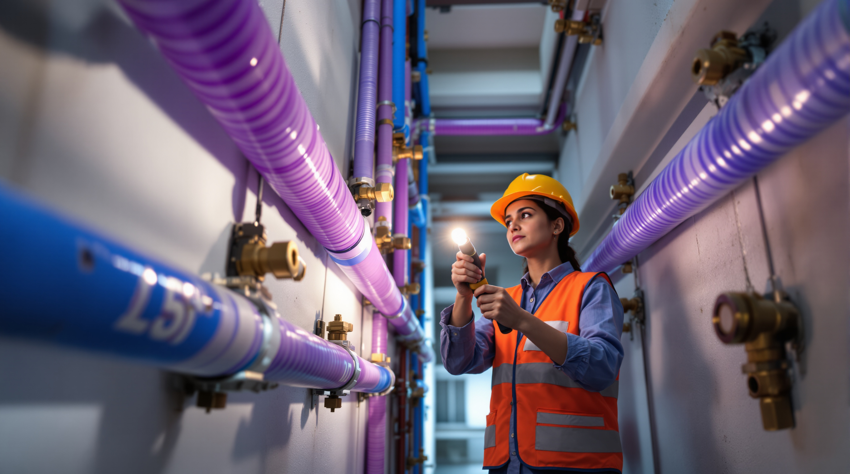 Bundles of colour-coded water pipes in a building services shaft, treated-water lines in purple running separately from blue potable lines, with an Indian technician inspecting them
