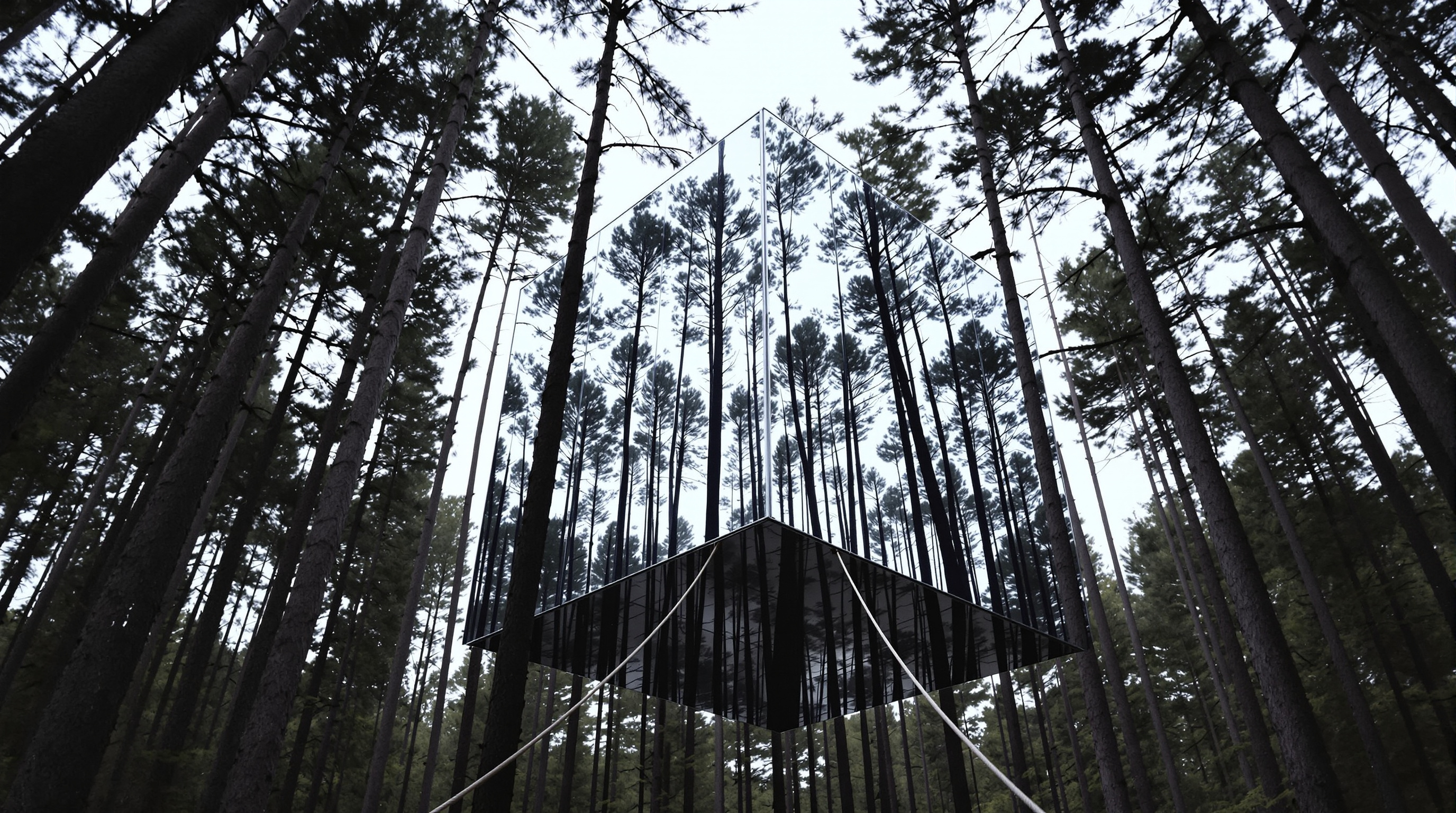 Looking up at the Mirrorcube from the forest floor: the mirrored cube reflects a fractured collage of pine trunks, branches and pale northern sky, the edges of the cube barely legible where reflection meets real forest, a slender rope bridge angling up to one face