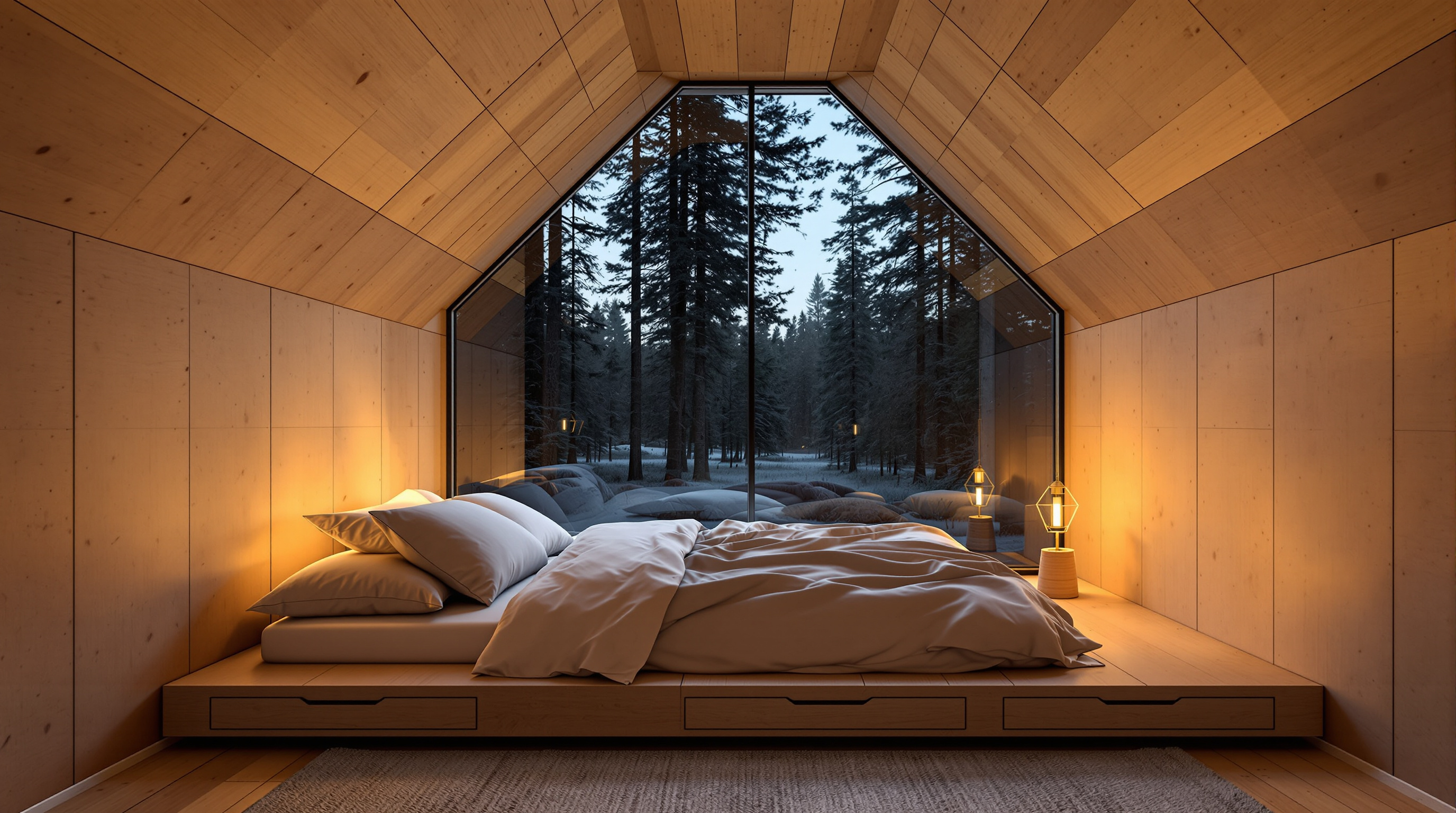 The plywood-lined interior of the Mirrorcube at dusk: warm pale birch-toned walls and ceiling, a low double bed, and a large window framing the boreal forest outside, soft interior light making the glass turn from mirror to lantern as darkness falls