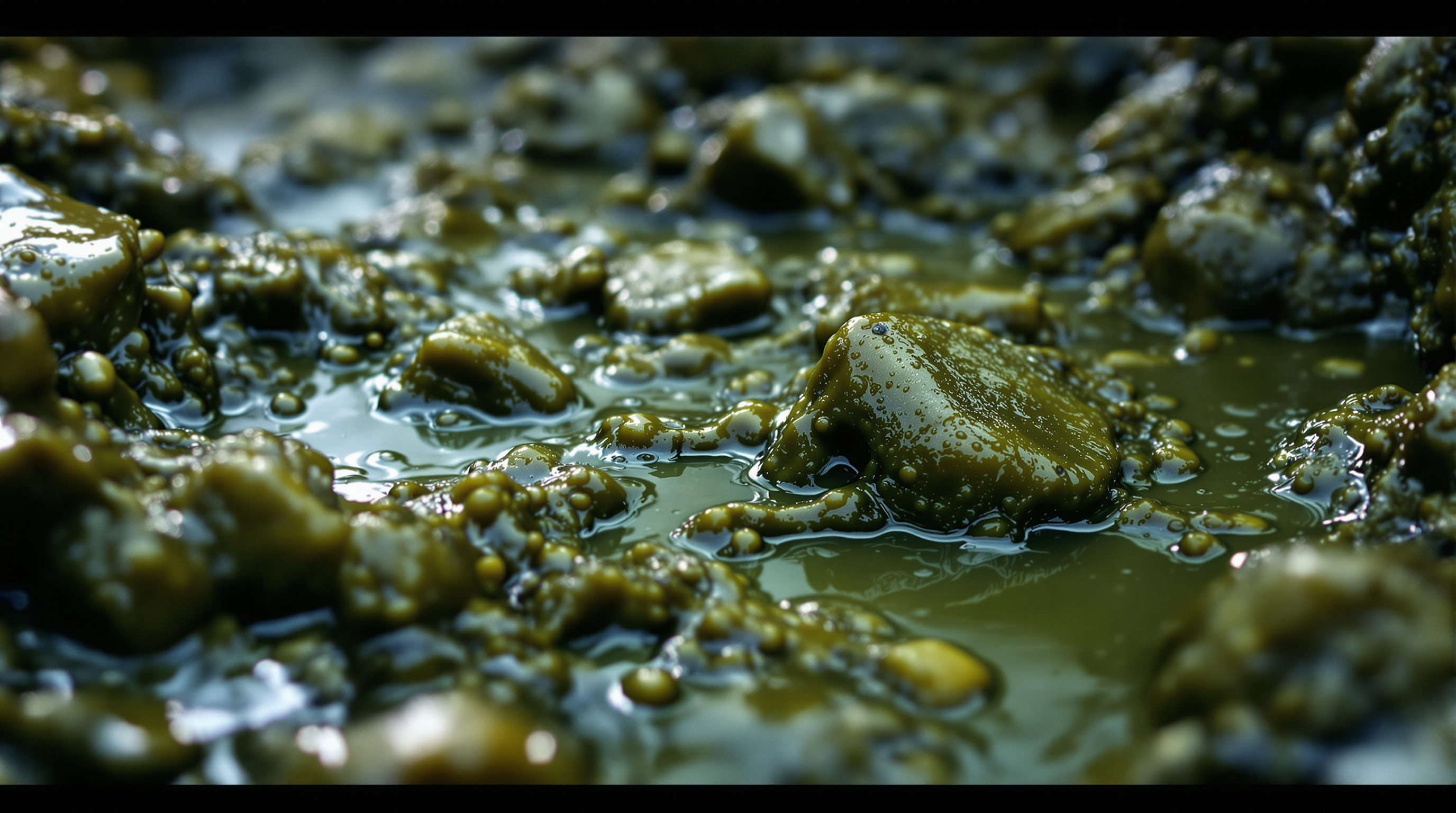 Close-up of dark, slimy biofilm-coated media stones inside a trickling filter, wet and glistening as water trickles over them