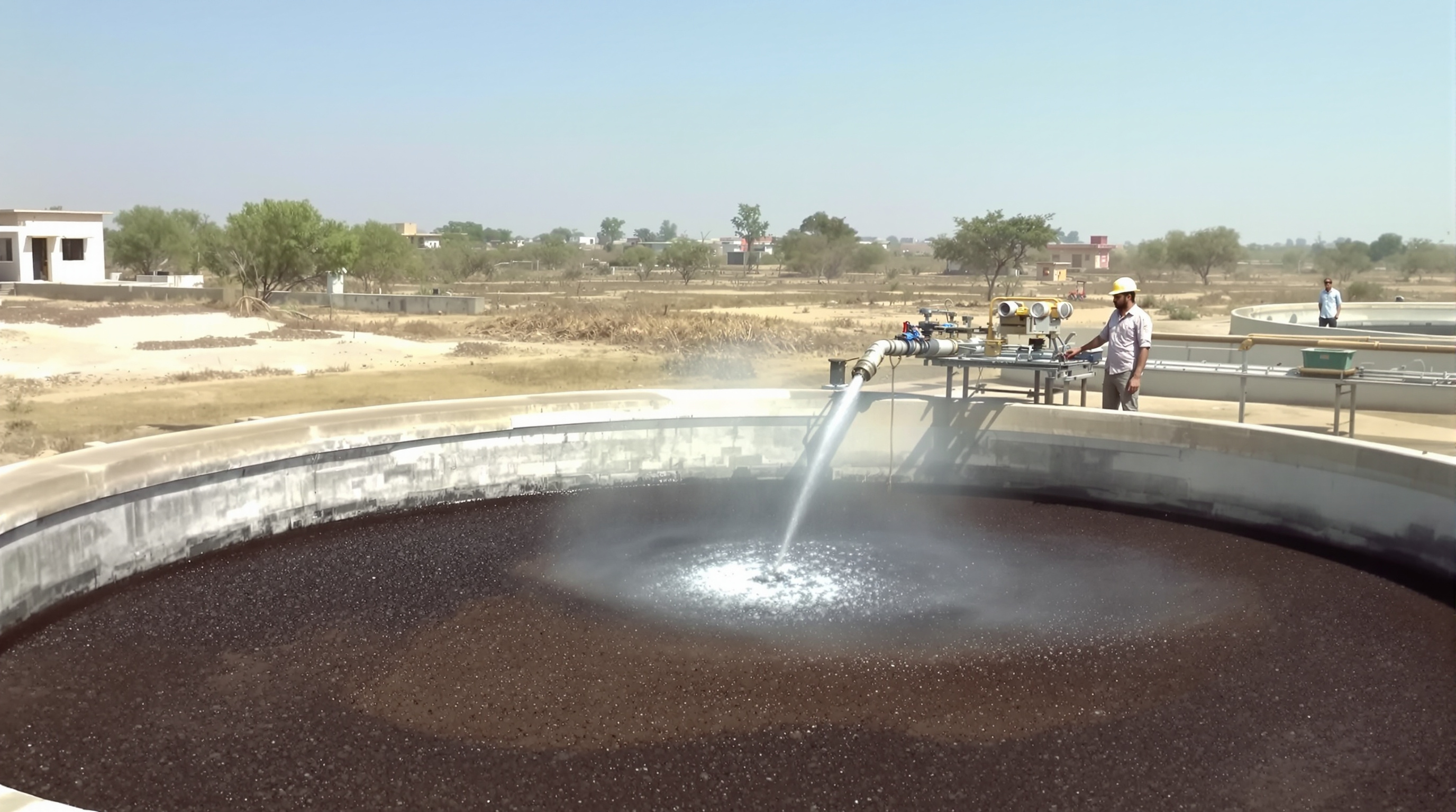 A large circular trickling filter tank at a small-town Indian sewage treatment plant with a rotary distributor arm spraying over the media bed, an Indian operator inspecting nearby
