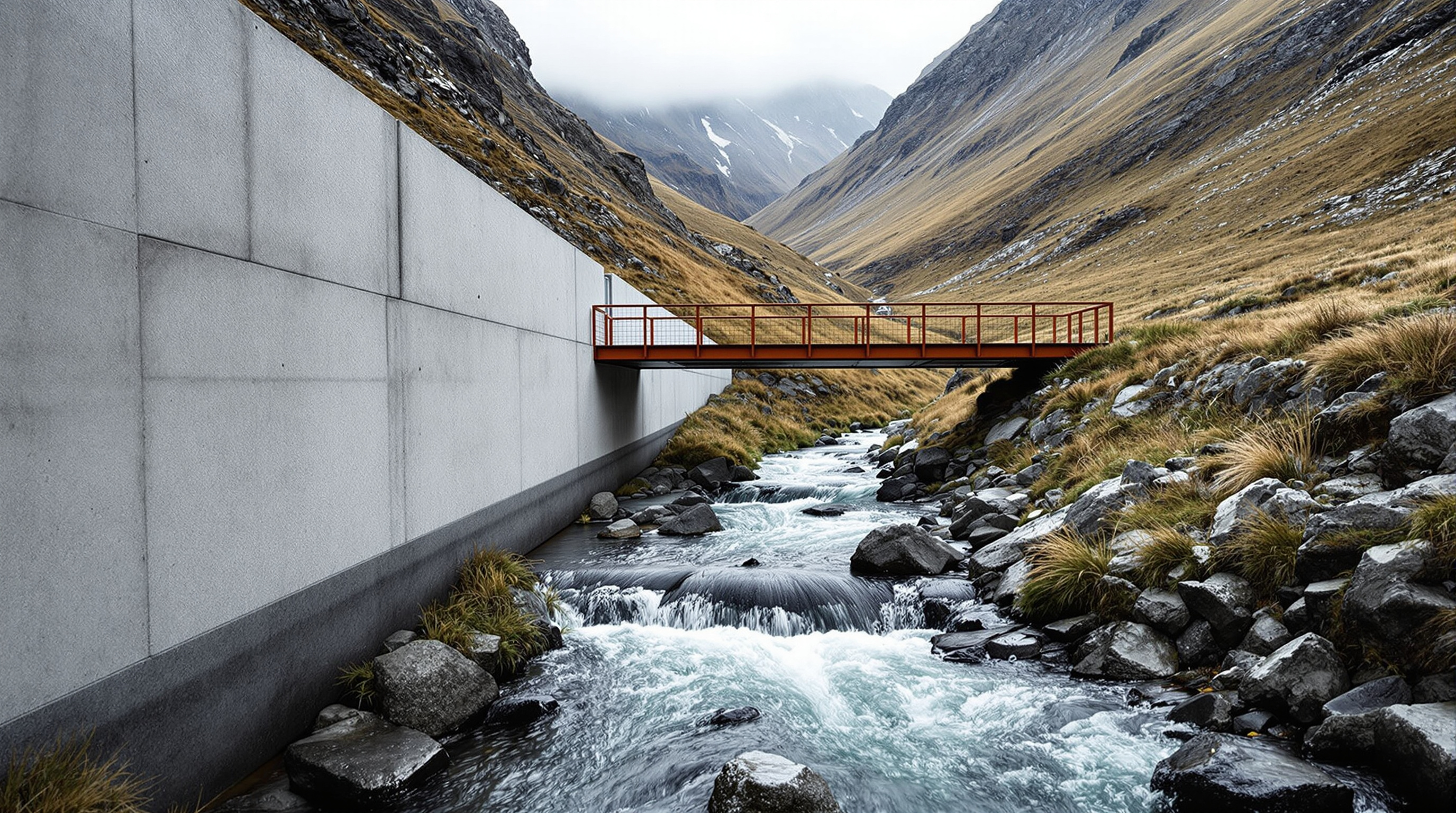 A cast-in-place concrete water channel at Trollstigen guiding a fast, clear meltwater stream between board-marked concrete walls, a slender steel footbridge crossing it, wet dark rock and low alpine grass on either side under overcast light