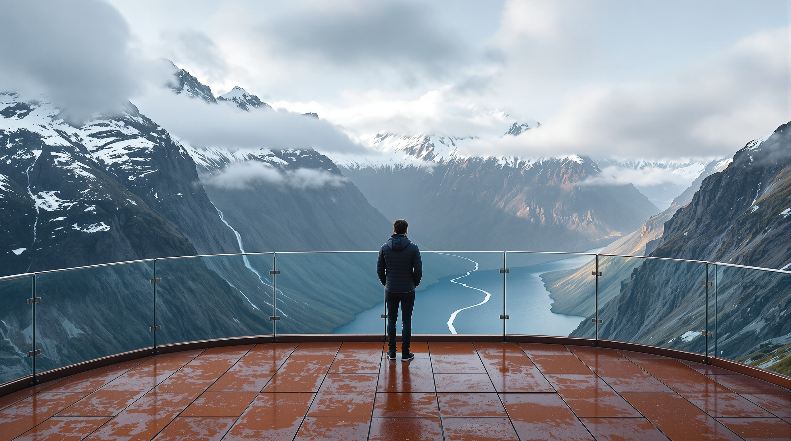 A person standing at the outer rail of the Trollstigen viewing platform, weathered russet cor-ten steel underfoot and a glass balustrade at the edge, looking out over a vast glacial valley with a waterfall and the snaking hairpin road far below, low clouds catching on the surrounding peaks