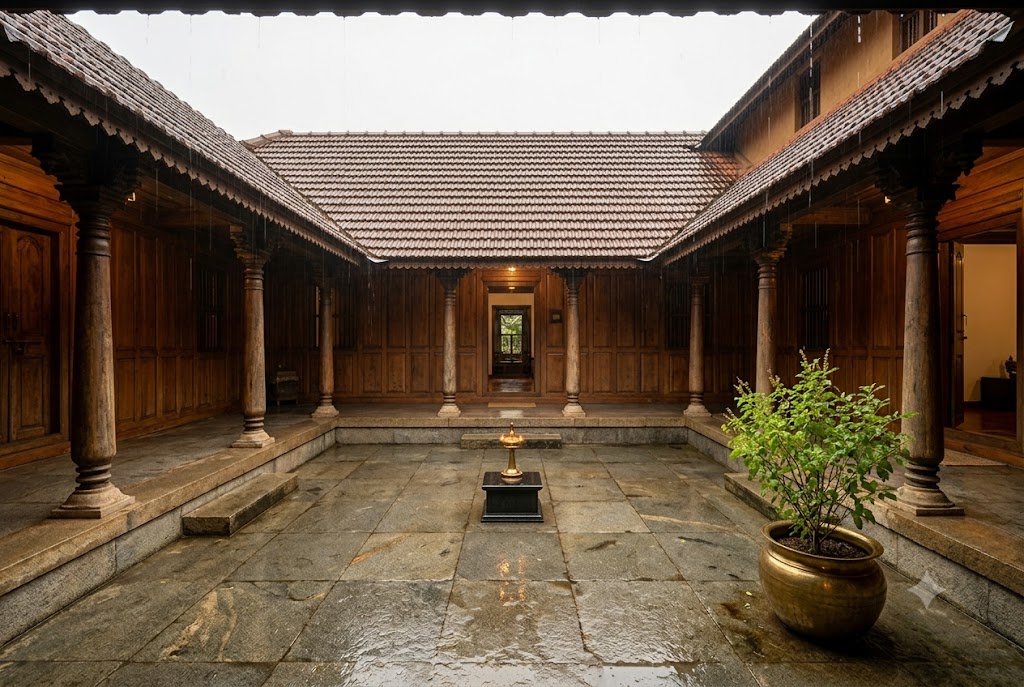 Interior photograph of a traditional Kerala nadumittam central courtyard of a working Tharavadu home — a twelve by twelve foot open-to-sky court at the centre of the four-square plan paved with grey kota stone slabs, a single brass diya on a small black-granite pedestal at the centre, a tulsi plant in a brass pot to the right, and gentle monsoon rain catching in the open court forming small puddles on the stone, with four sides bounded by deep verandahs with timber columns and Mangalore tile sloping inward toward the court under soft late-morning grey daylight from the open sky above