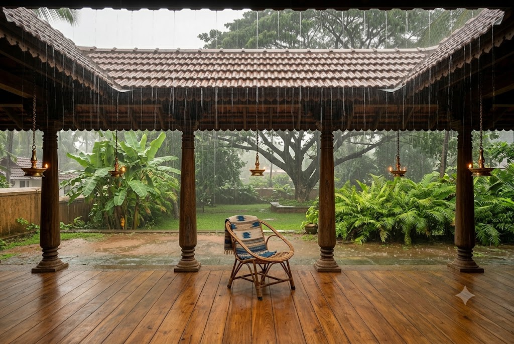 Wide-angle ground-level photograph of a deep two point four metre tropical verandah on the west side of a contemporary Kerala house during a heavy monsoon shower with Burma teak plank floor warmly lit by ambient afternoon light filtering through grey clouds, three timber columns of round teak spaced eight feet apart supporting a Mangalore tile roof above, brass hanging lamps from the underside of the roof at each column, a single low rattan chair with a folded cotton dhurrie cushion in the middle bay, and the silver curtain of monsoon rain falling beyond the verandah edge with a tropical garden of banana plants ferns and a single rain tree silhouetted in the rain
