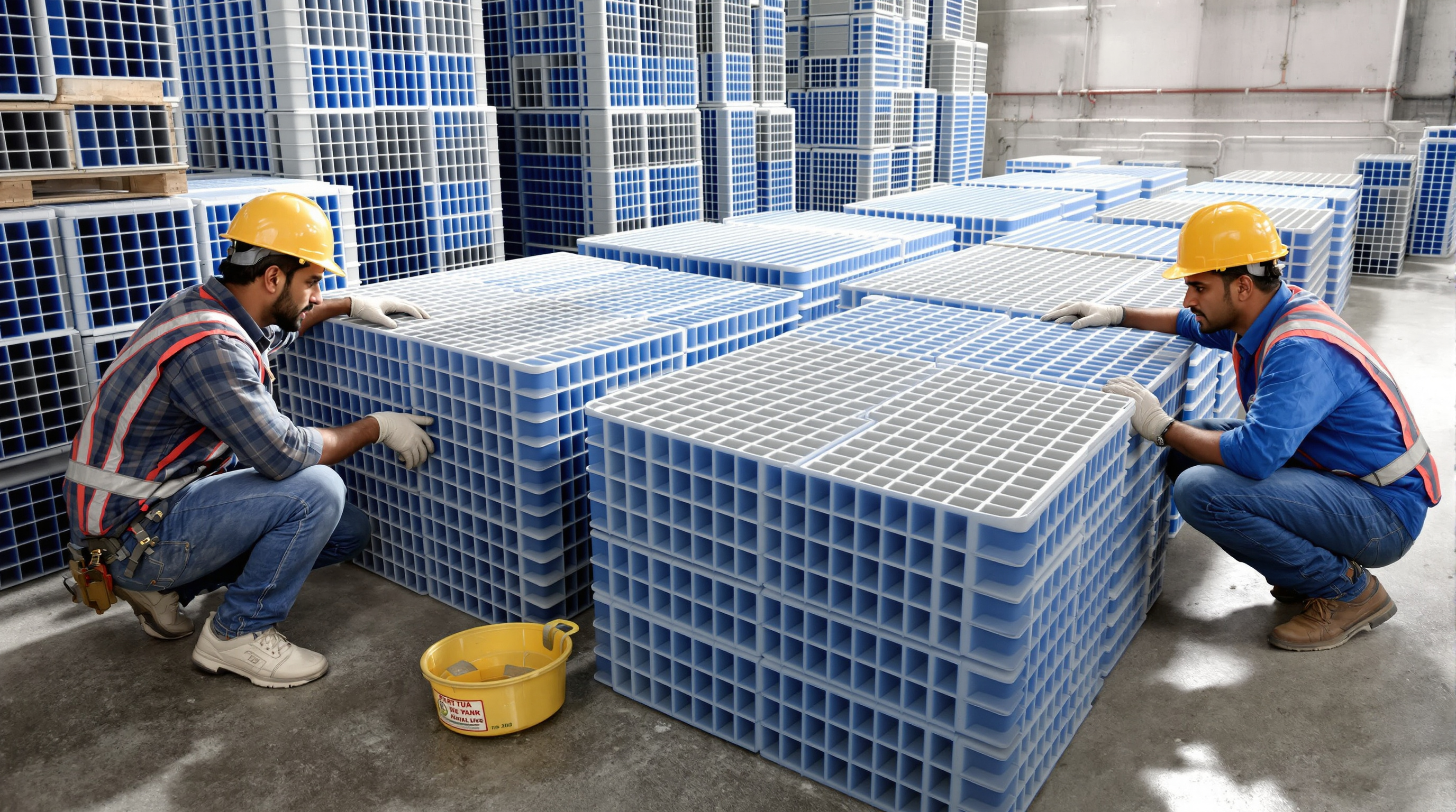 Blocks of blue honeycomb PVC tube settler media stacked ready for installation in a sewage treatment plant