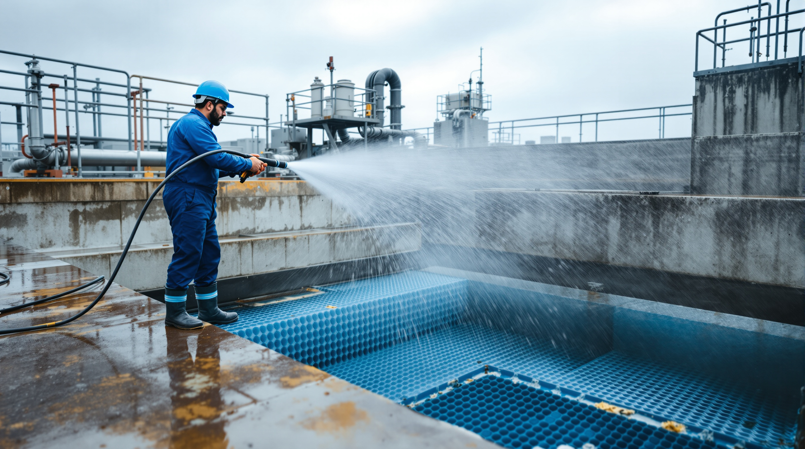 Indian STP technician pressure-washing a lifted-out modular tube settler block to clear fouling