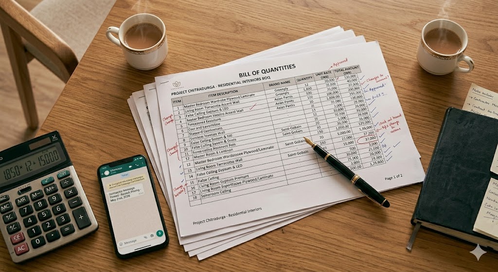 Close-up overhead photograph of a wooden meeting table with a printed multi-page Bill of Quantities document open showing line-by-line spec details for an Indian residential interior project, the visible BOQ pages showing columns for item description, brand name, quantity, unit rate, and total amount with handwritten red and blue pen annotations in the margins, a calculator with calculations visible on the screen, a fountain pen and a black notebook beside the BOQ, two cups of chai with steam rising, a small phone displaying a contractor message thread, soft warm overhead lighting, sense of a serious procurement decision being made — the BOQ is the spec lock regardless of which of the three procurement models you choose