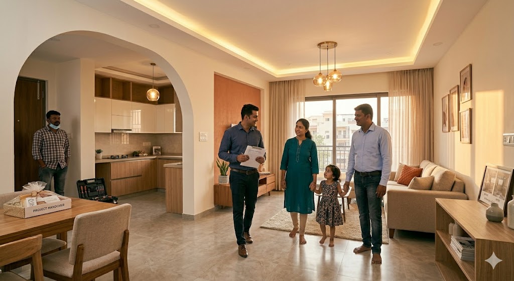Wide-angle photograph of the project handover walkthrough of a finished Indian apartment interior, the designer in a smart shirt holding a clipboard with the snagging checklist, walking through the finished living room with the homeowner family — husband, wife, and a small child holding the wife's hand, all looking around the completed space with subtle smiles, the room shows a finished modular kitchen visible through an arch, freshly painted walls in warm off-white, the living room sofa already in place, a designer pendant light glowing warm, the contractor standing in the background near the entry door, evening warm golden lighting from a window, satisfied handover atmosphere — the 30-day snagging period starts here, and the 10% holdback is what makes it work