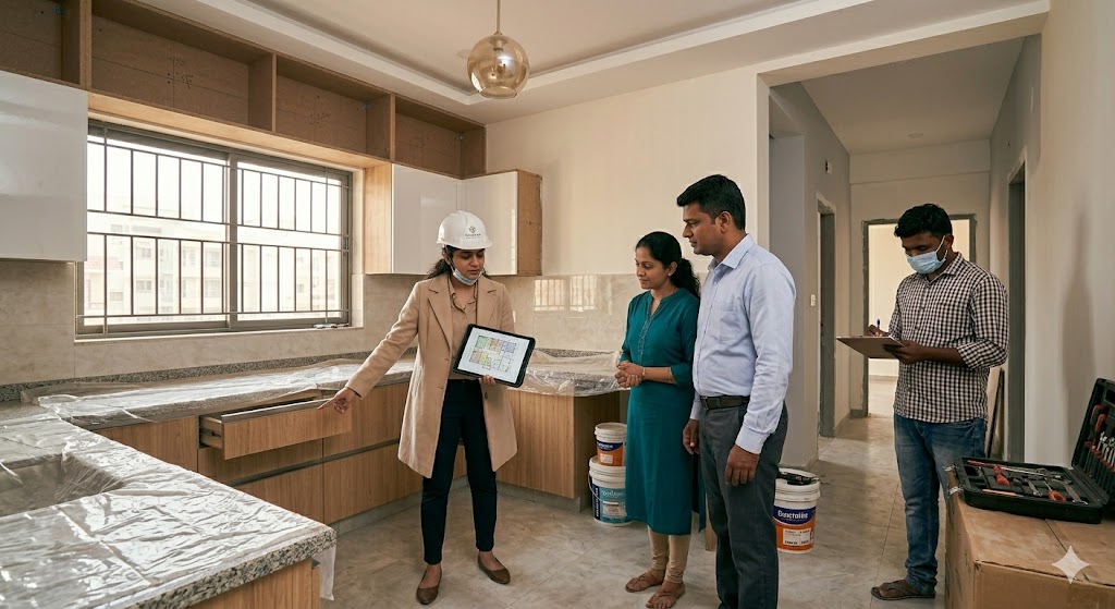 Wide-angle photograph of an Indian residential project site visit during the mid-construction phase of a turnkey interior project, the lead interior designer in a beige overcoat with a tablet in hand and a hard hat, walking through a partially finished apartment with the homeowner couple following her, the designer pointing to a feature on a freshly installed kitchen cabinet, the contractor in a checked shirt standing slightly behind taking notes on a clipboard, the kitchen has new flooring partially complete with dust sheets covering the granite countertop, fresh paint smell visible from white walls in primer coat, natural daylight through the kitchen window, professional documentary site visit mood — the turnkey premium pays for this single-accountability project management