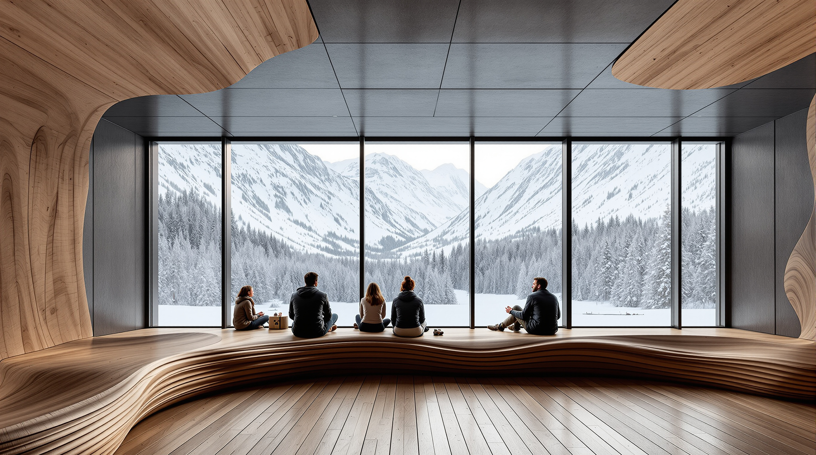 Interior of Tverrfjellhytta looking out through the full-width glass wall: visitors seated on a warm, undulating carved pine bench that curves like eroded stone, the dark steel ceiling above, snow and the pale Dovrefjell mountains filling the glazing beyond