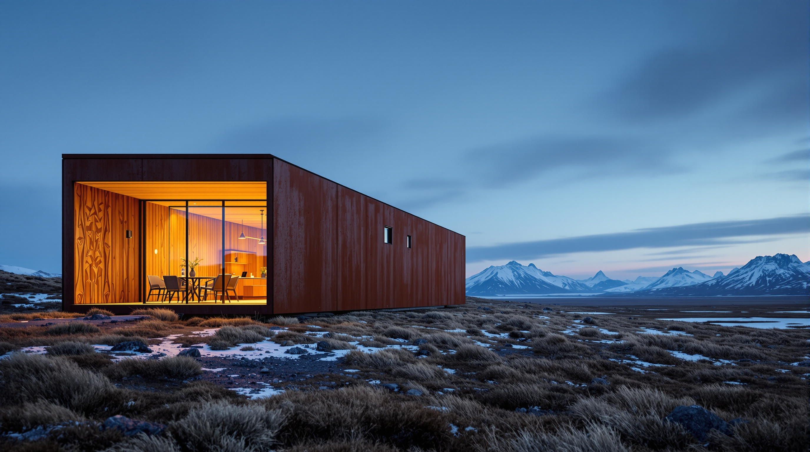 Exterior of Tverrfjellhytta on the open Dovrefjell heath at dusk: a low, precise rectangle of rusted brown steel with one glowing amber glass wall, the warm carved timber interior visible inside, wild treeless tundra and distant snow-streaked peaks stretching to the horizon