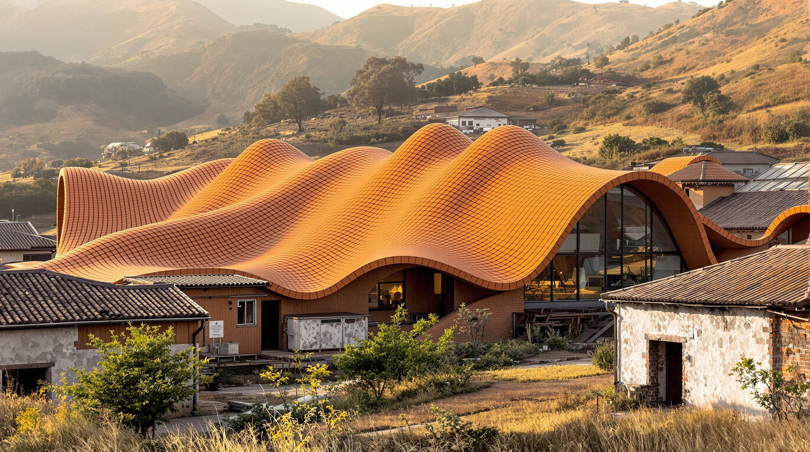 The rippling ceramic roofline of UCCA Clay reading as a low artificial hill among the old kiln sheds, its tiled surface stepping and undulating like the back of a dragon kiln climbing a slope, the burnt-orange glaze catching low afternoon light