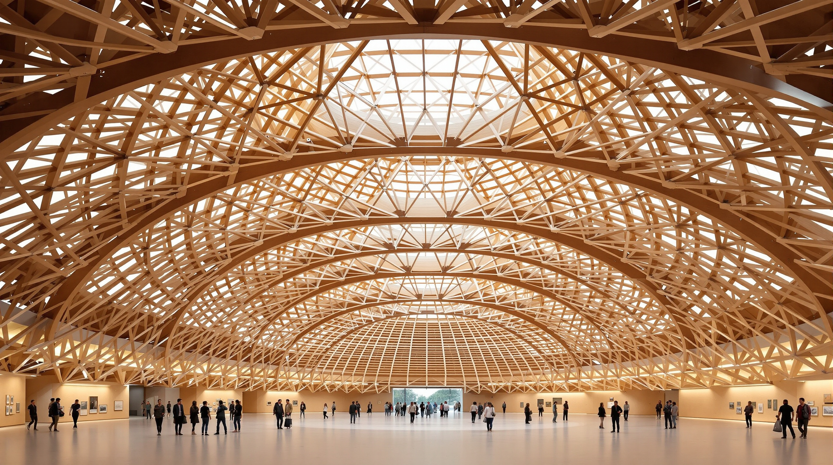 Interior of UCCA Clay Museum looking up into the inverted timber shell, four stacked layers of pale wooden lattice beams fanning across the curved ceiling above an open, softly lit gallery, visitors moving beneath the exposed lattice