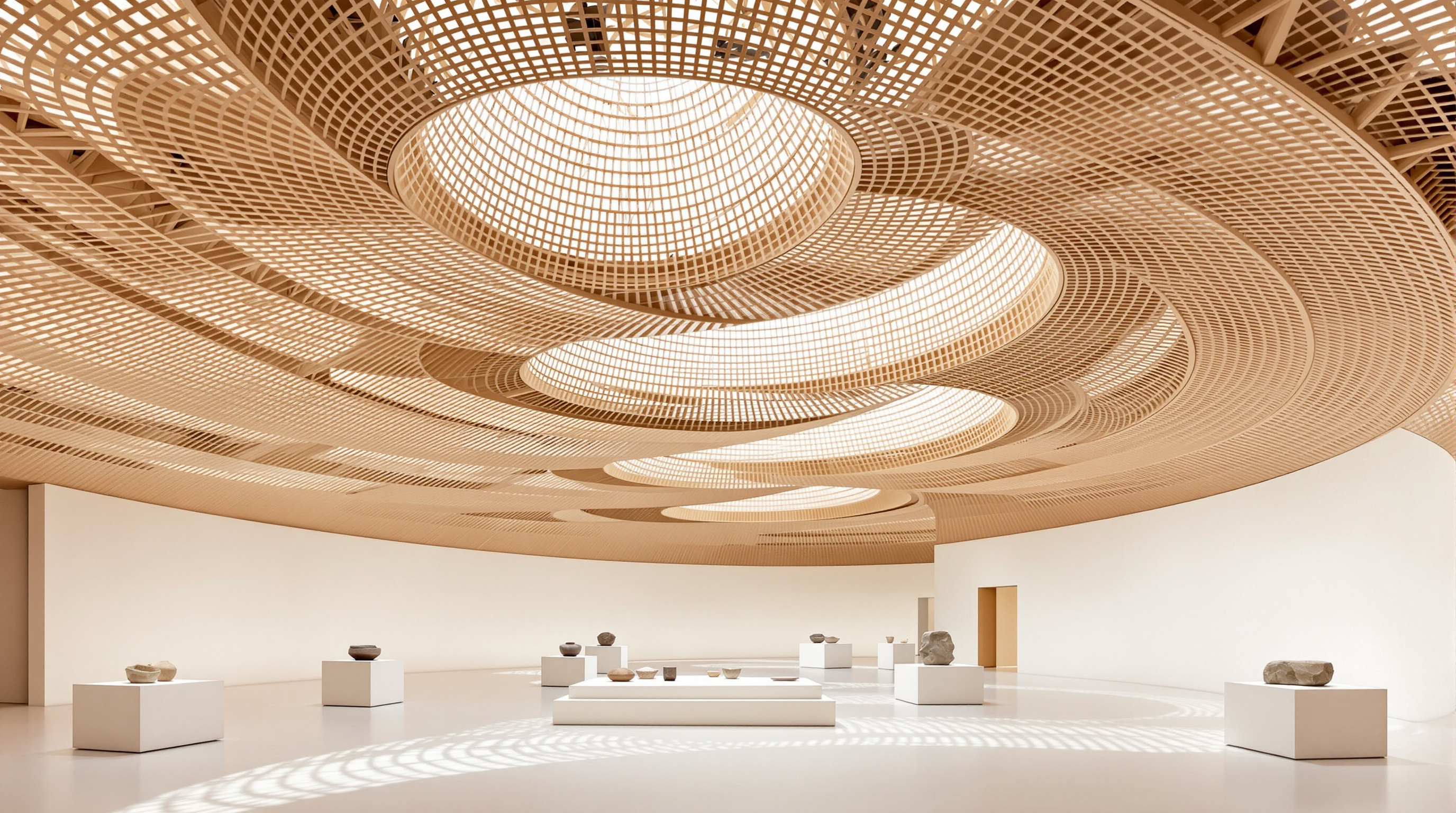 Interior of the UCCA Clay Museum, a soft cavern-like gallery where four stacked layers of curved pale timber lattice beams sweep overhead to form the inverted-shell ceiling, daylight filtering down onto white gallery walls and displayed ceramics below