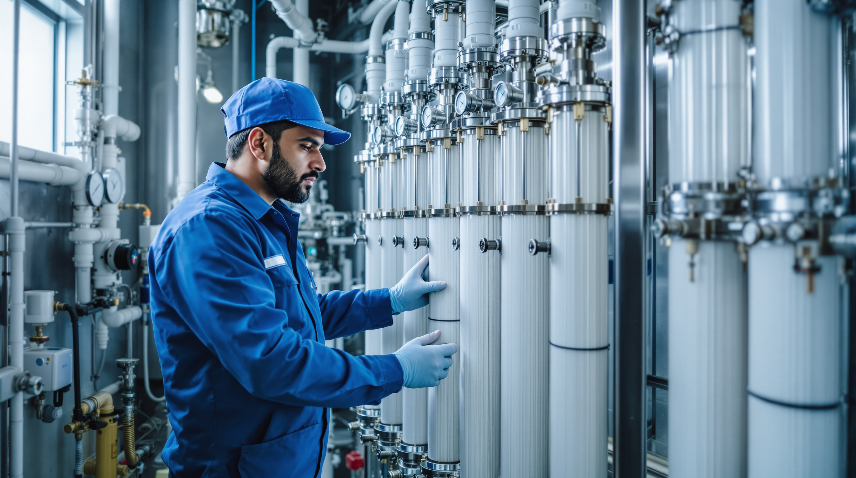 Indian plant operator inspecting a hollow-fibre ultrafiltration membrane skid with pressure gauges and valves during a cleaning cycle