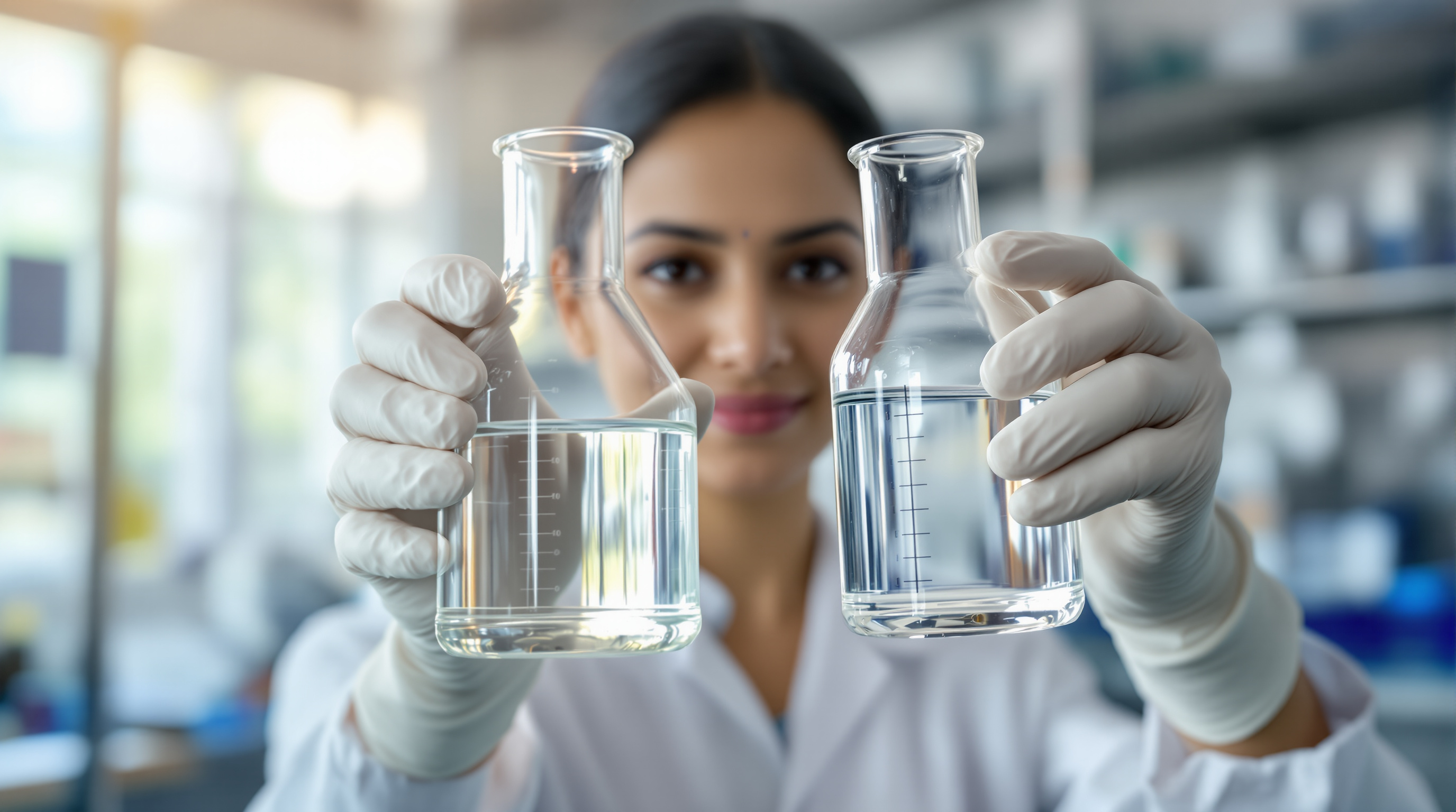 Indian technician holding two glass beakers side by side, one with cloudy feed water and one with crystal-clear ultrafiltration permeate
