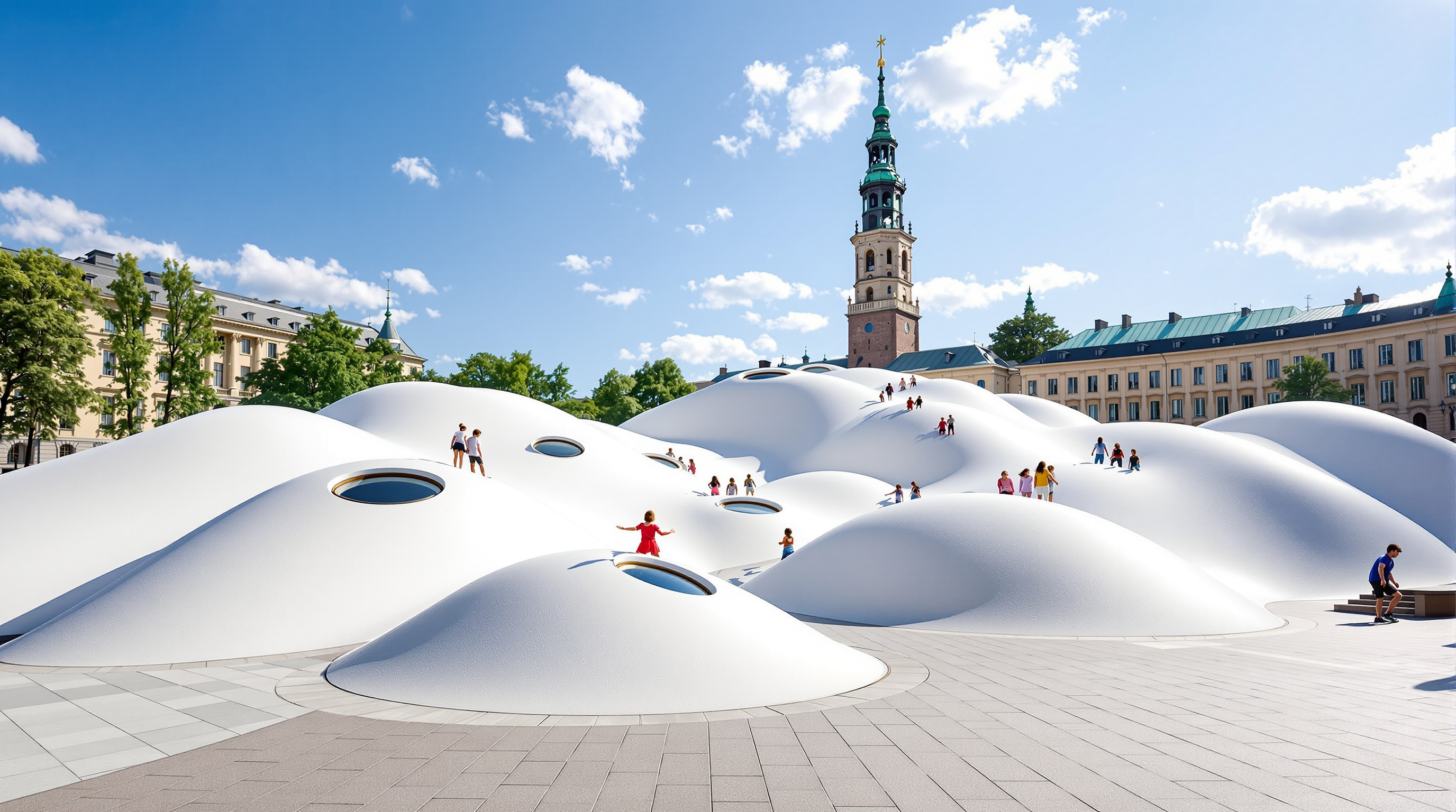 The undulating public plaza of Amos Rex in Helsinki, its smooth white concrete domes rising from the paving like hills, each capped with a round skylight, children climbing over them while the historic Lasipalatsi tower stands behind