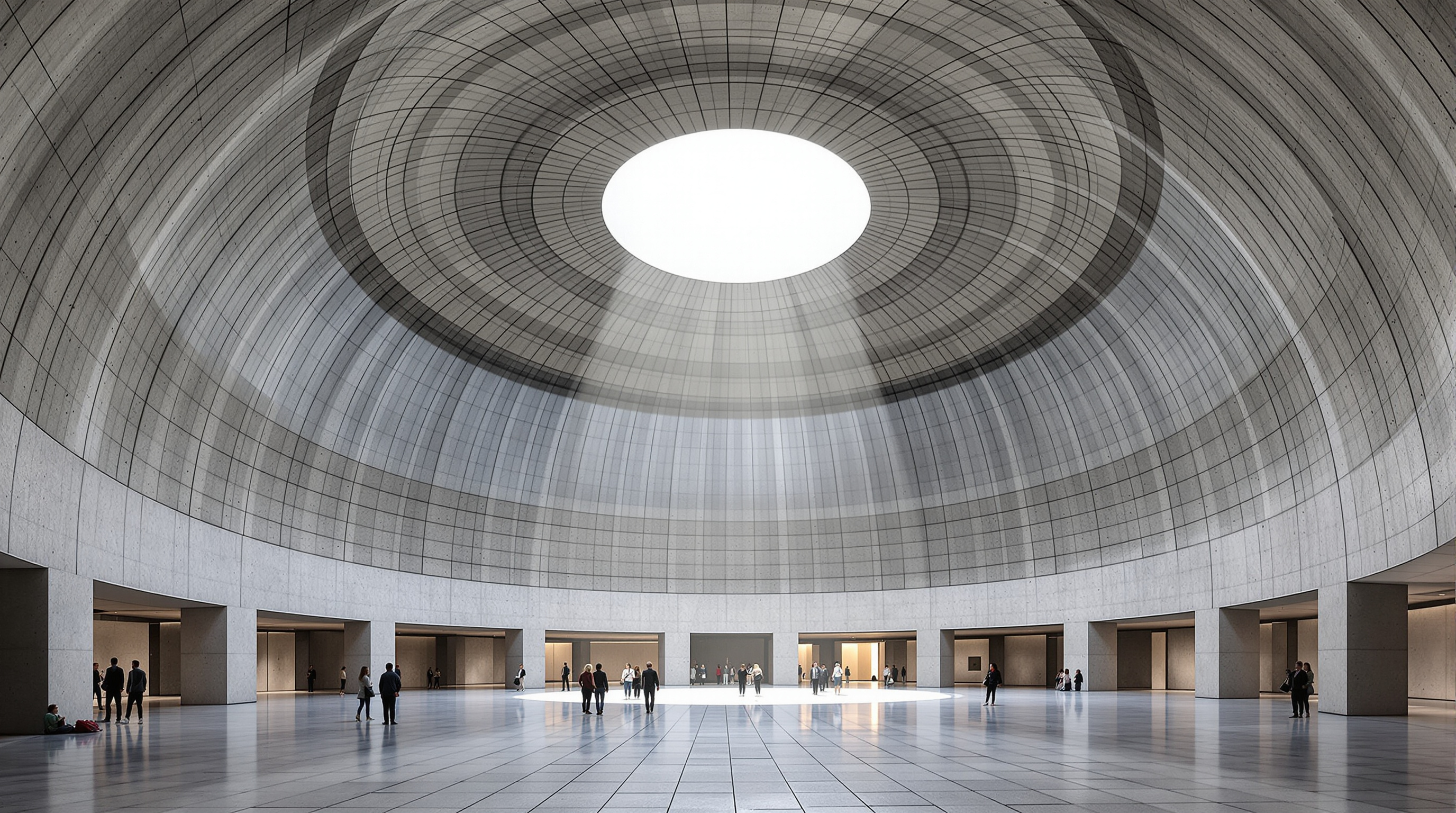 The interior of a buried civic hall lit entirely by daylight falling through circular ceiling oculi, visitors standing in a vast column-free concrete room whose curved ceiling and cool grey walls make clear the space is deep below street level