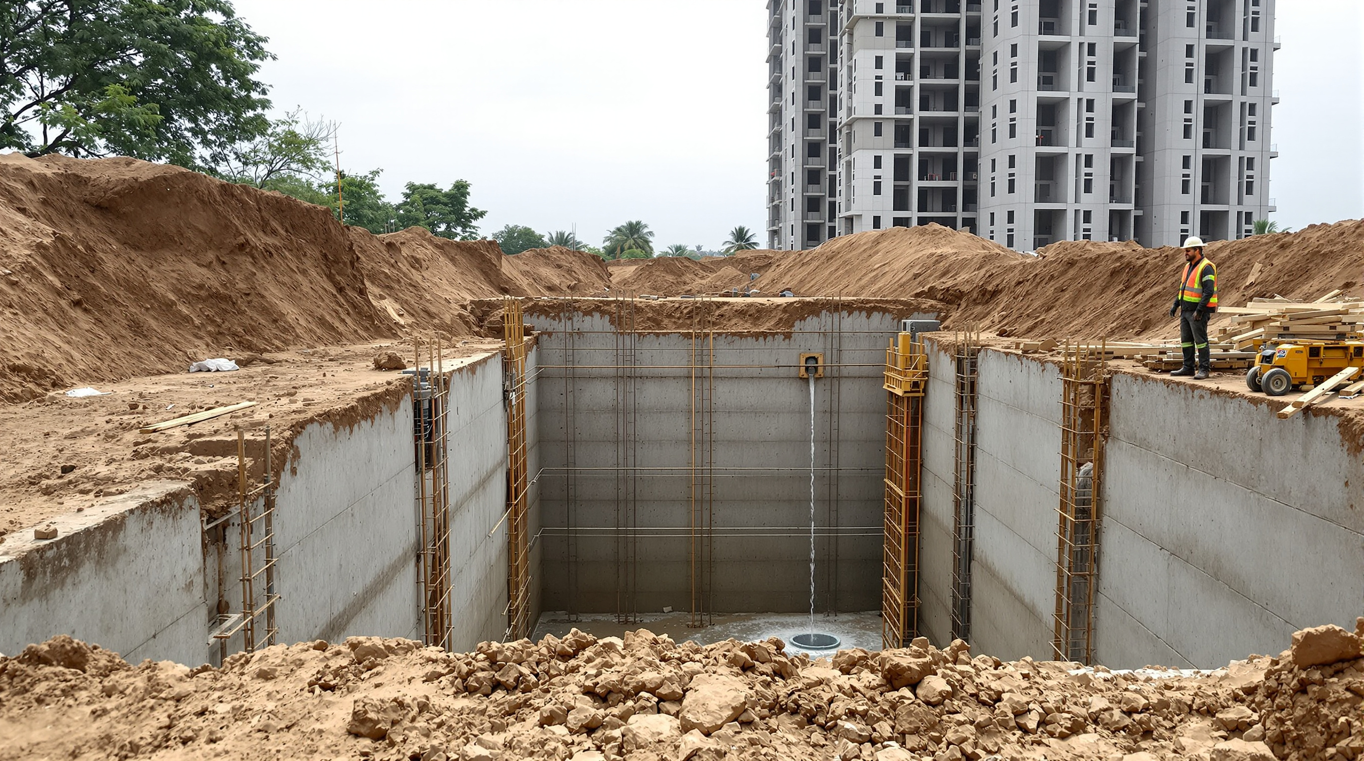 Deep excavated pit for an underground sewage treatment plant with steel shoring holding back the earth walls beside a residential tower under construction in India