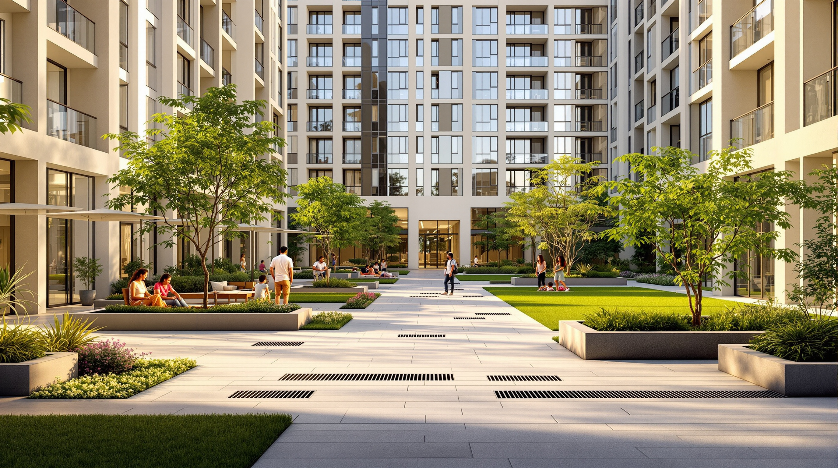 Landscaped podium courtyard with lawns and seating above a buried sewage treatment plant at an Indian apartment complex, with only discreet ventilation grilles visible