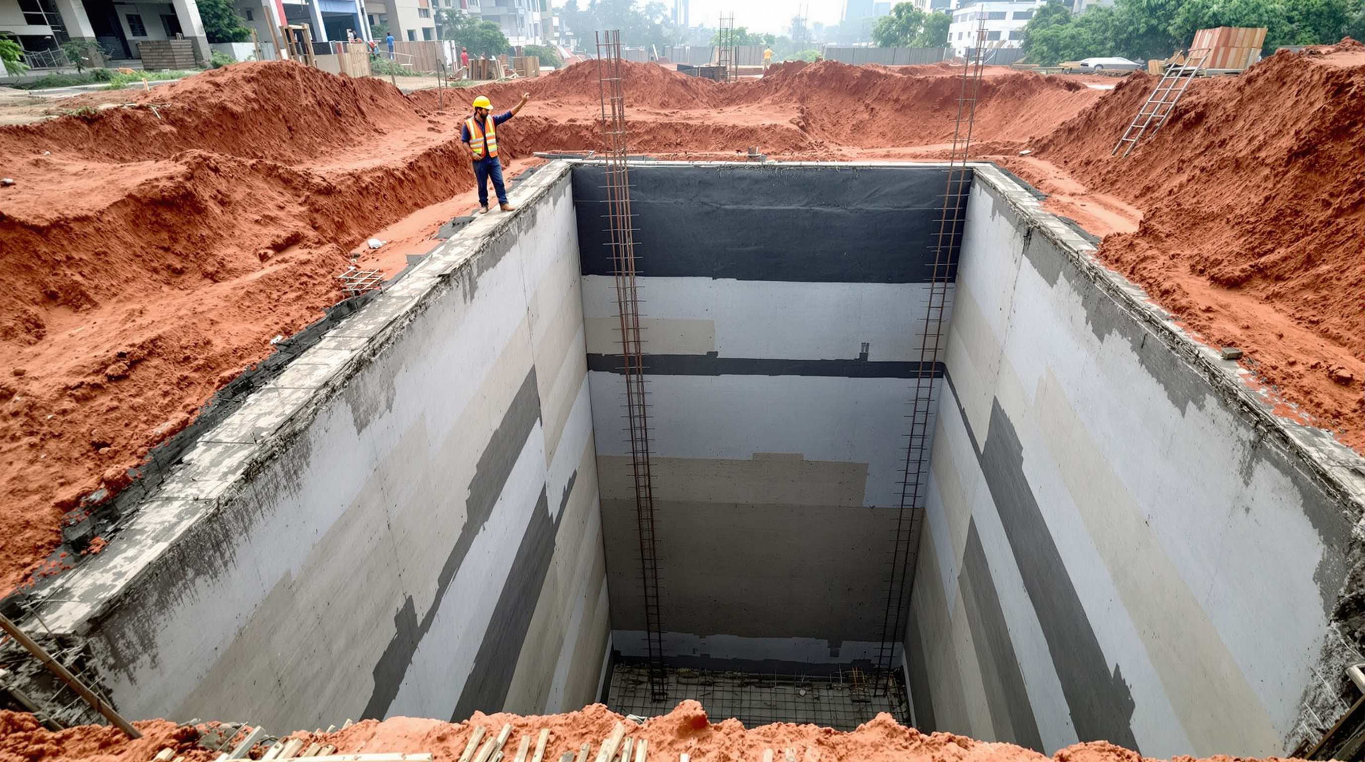 Deep excavation pit with reinforced concrete tank walls being built below grade for an underground sewage treatment plant at an Indian construction site