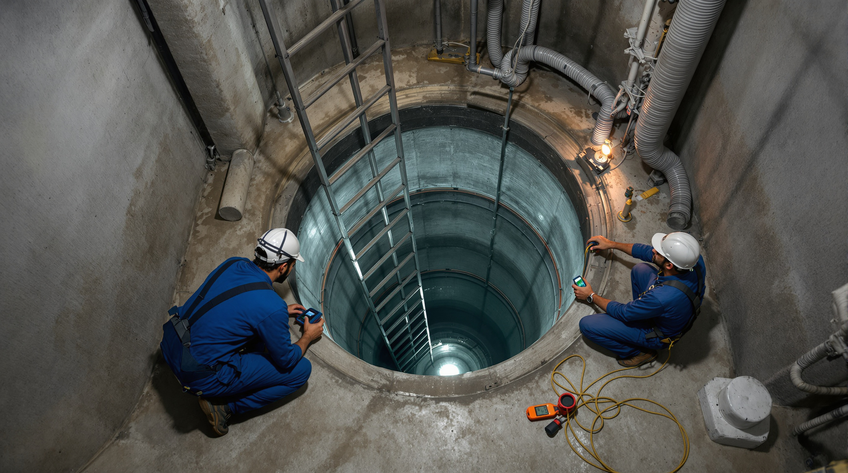 An Indian technician descending a ladder into a confined below-grade STP access hatch while a colleague monitors from above