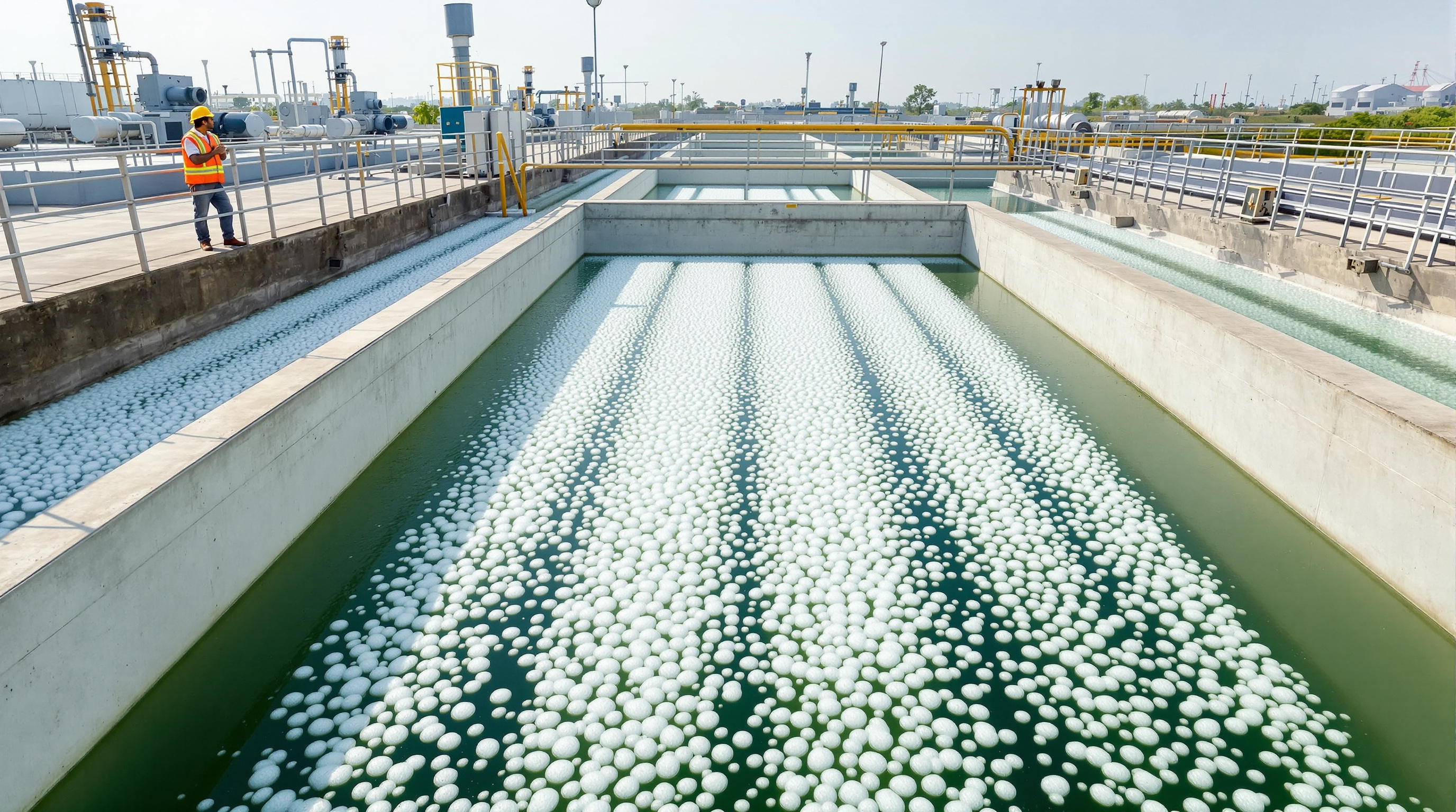 Large rectangular aeration tank at an Indian sewage treatment plant with fine-bubble aeration churning the water surface