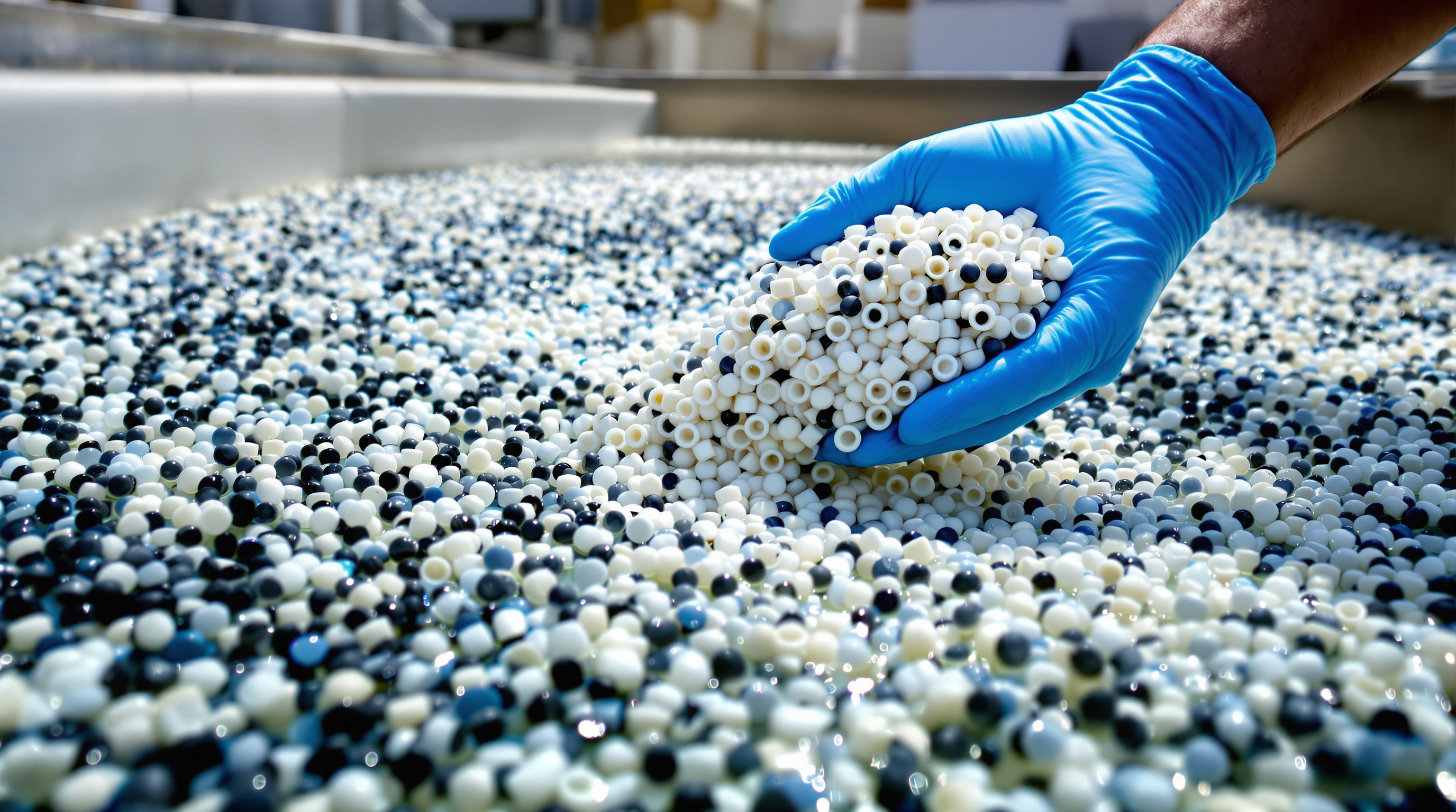 Close-up of floating plastic biofilm carrier media used in an MBBR reactor at a compact Indian sewage plant