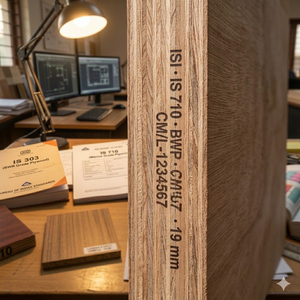 A macro of the BIS ISI mark stamped on the edge of a 19 mm plywood sheet — reading ISI · IS 710 · BWP · CM L-1234567 · 19 mm — with the layered cross-grain edge in soft focus behind the stamped lettering