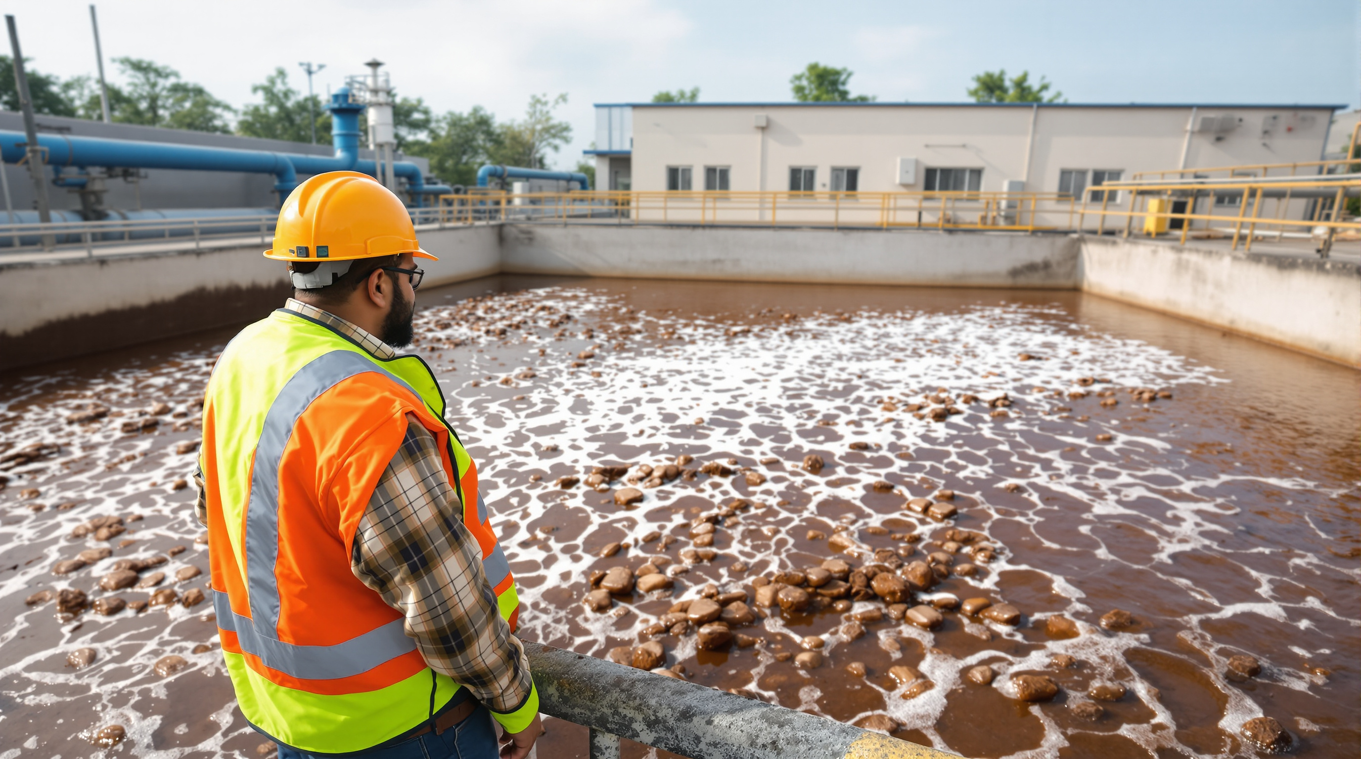 Indian STP operator in a hard hat inspecting the churning brown mixed liquor of a foaming aeration tank