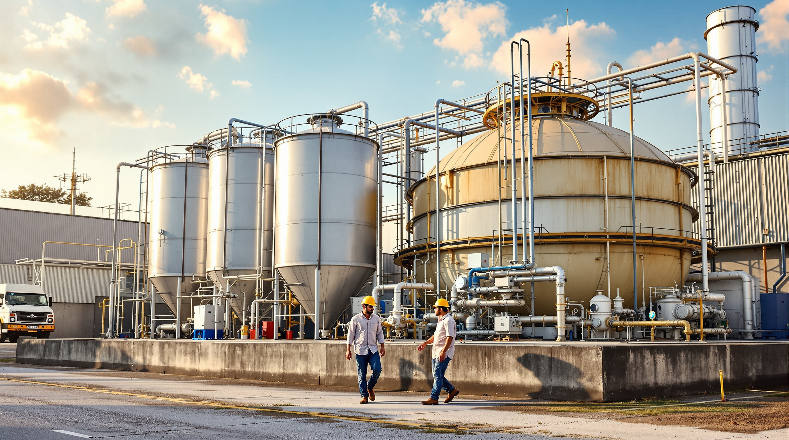 Compact industrial effluent treatment plant with tall reactor tanks beside a food processing facility in India