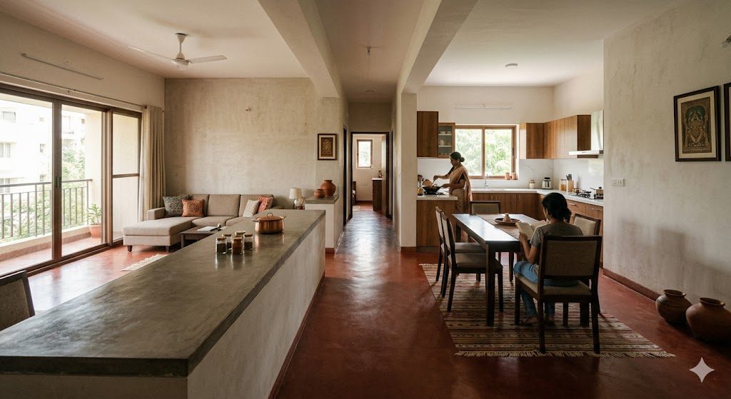 An open-plan Indian living-dining space with the kitchen visible beyond a low counter, showing how merged spaces create long uninterrupted sightlines and continuous movement between cooking, eating and lounging