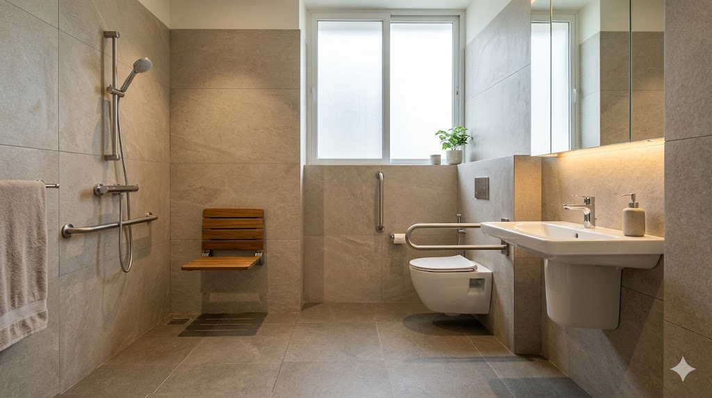 Universal-design bathroom interior — walk-in shower with grab bars, fold-down seat, lever taps, slip-resistant floor, no level change